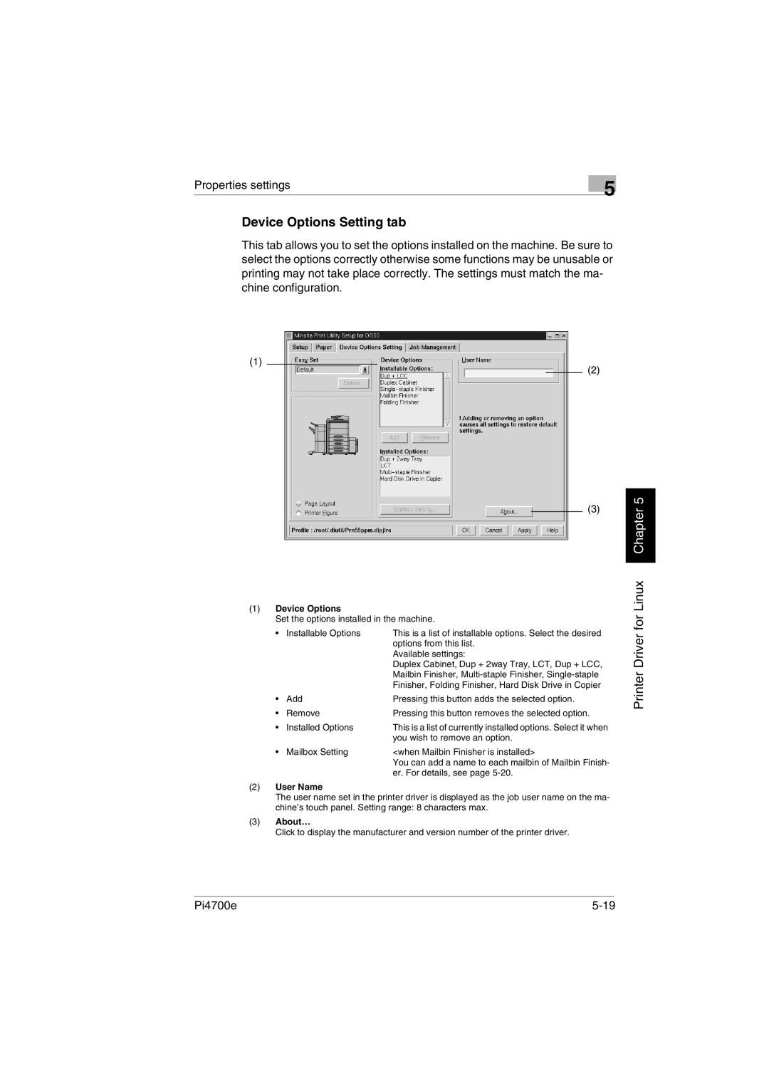 Minolta PI4700E user manual Device Options Setting tab, Properties settings 