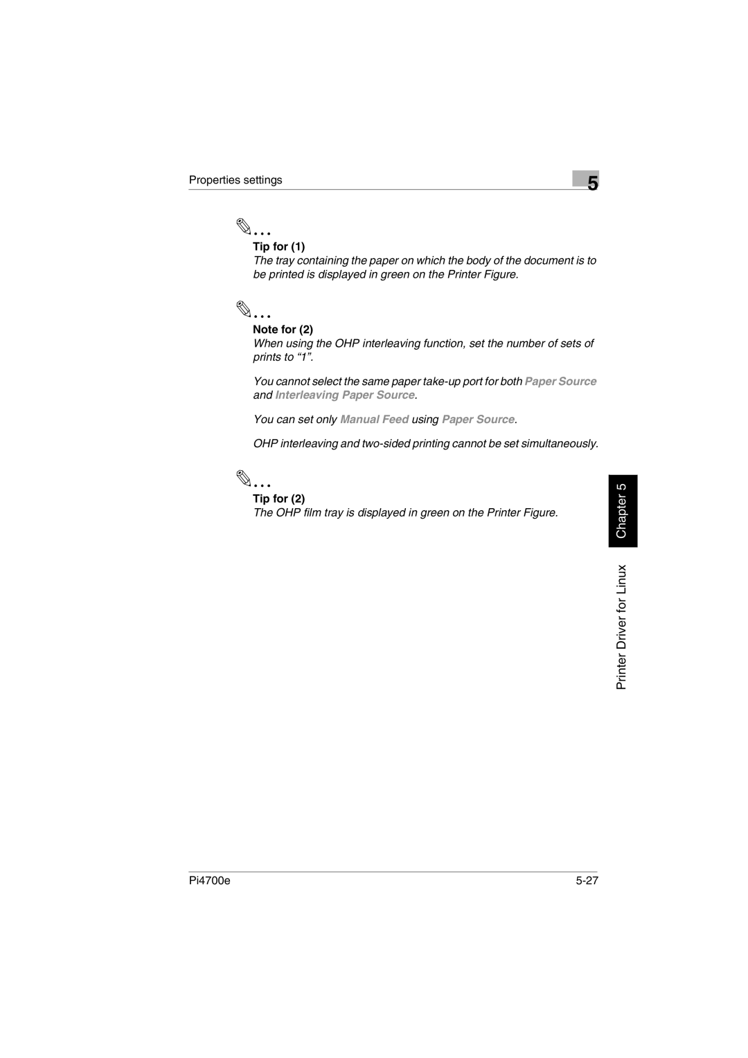 Minolta PI4700E user manual OHP film tray is displayed in green on the Printer Figure 