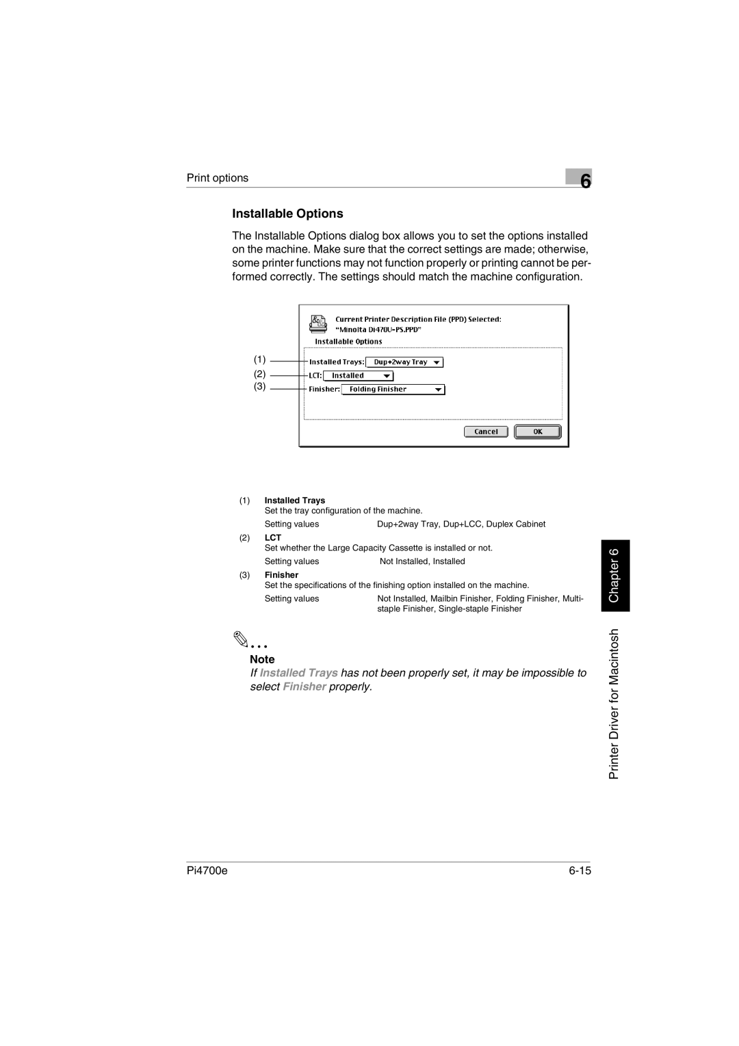 Minolta PI4700E user manual Installable Options, Print options, Installed Trays, Lct, Finisher 