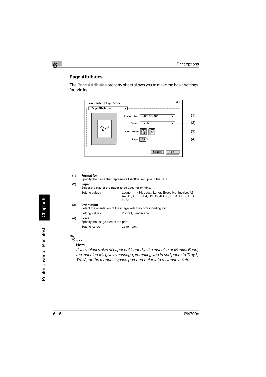 Minolta PI4700E user manual Attributes, Format for, Paper, Scale 