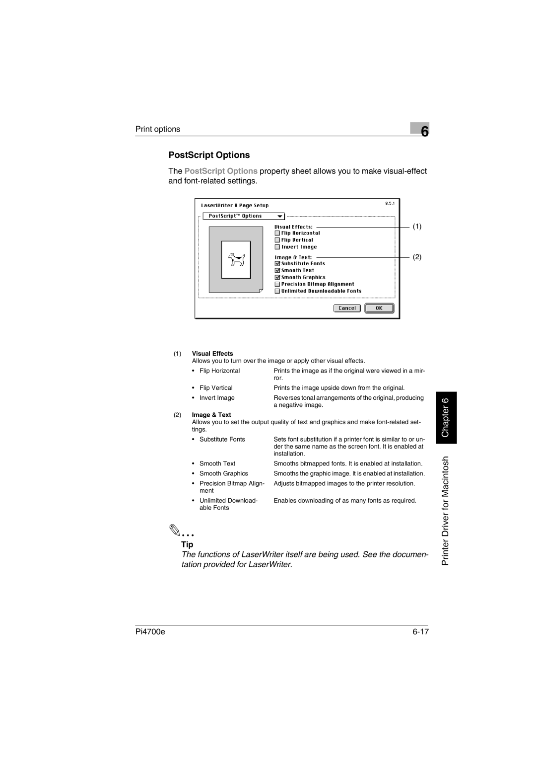 Minolta PI4700E user manual PostScript Options, Visual Effects, Image & Text 