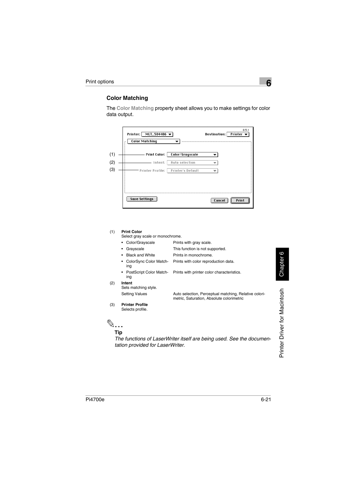 Minolta PI4700E user manual Color Matching, Print Color, Intent, Printer Profile Selects profile 