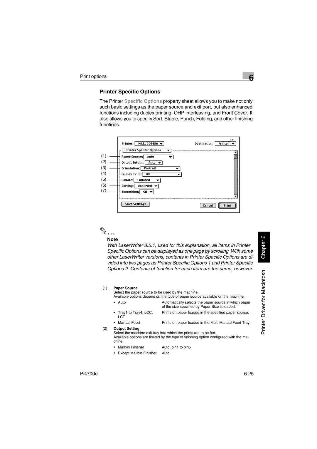 Minolta PI4700E user manual Printer Specific Options, Paper Source 