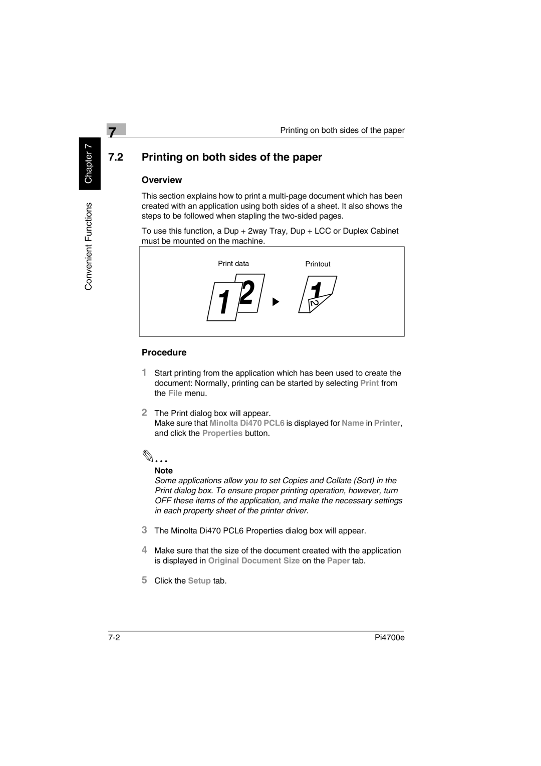 Minolta PI4700E user manual Printing on both sides of the paper, Overview, Procedure 