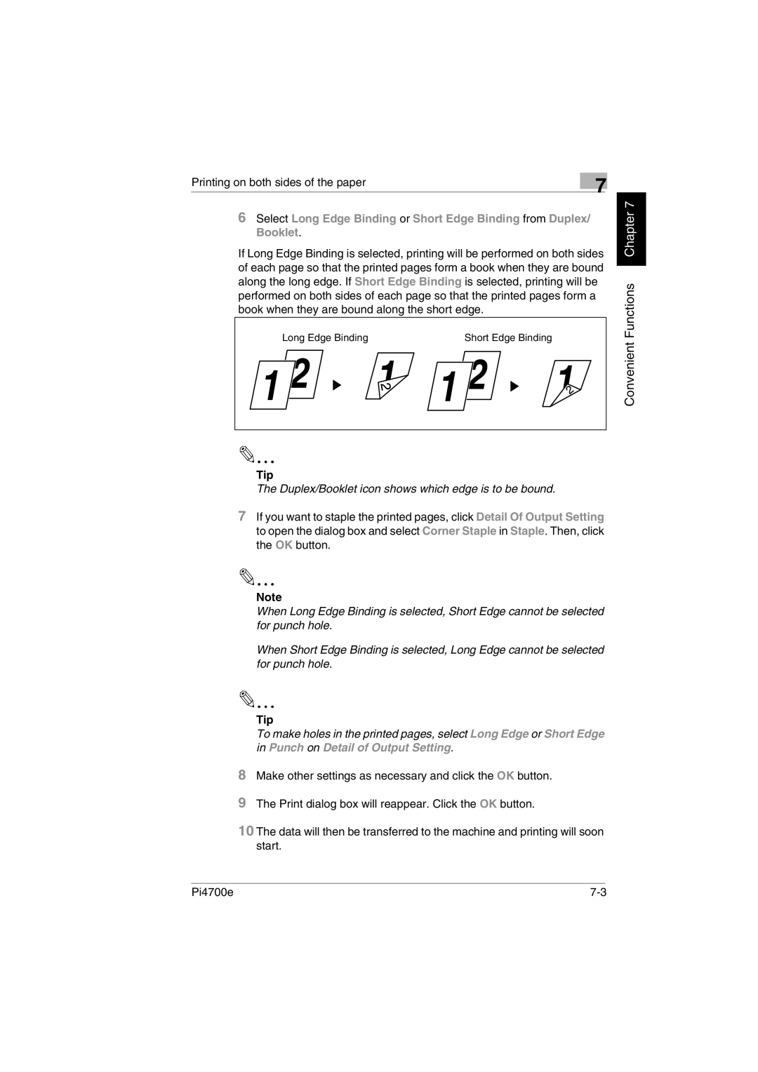 Minolta PI4700E user manual Printing on both sides of the paper, Duplex/Booklet icon shows which edge is to be bound 