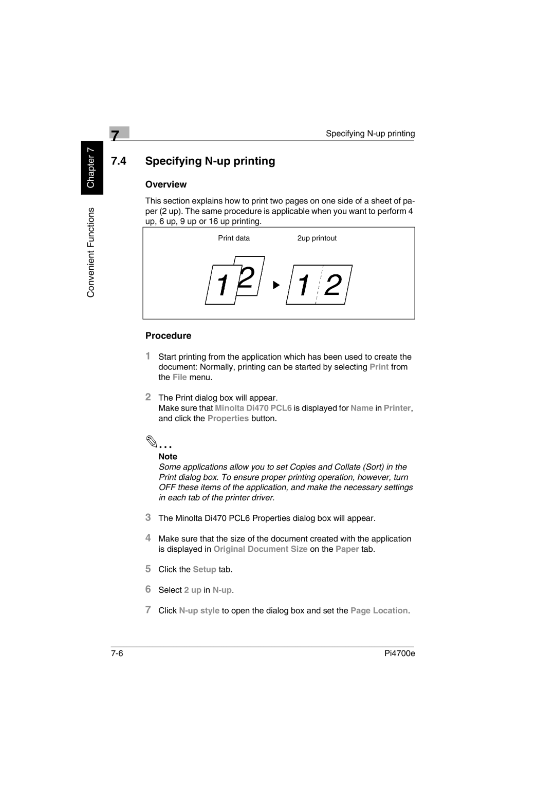 Minolta PI4700E user manual Specifying N-up printing, Minolta Di470 PCL6 Properties dialog box will appear 