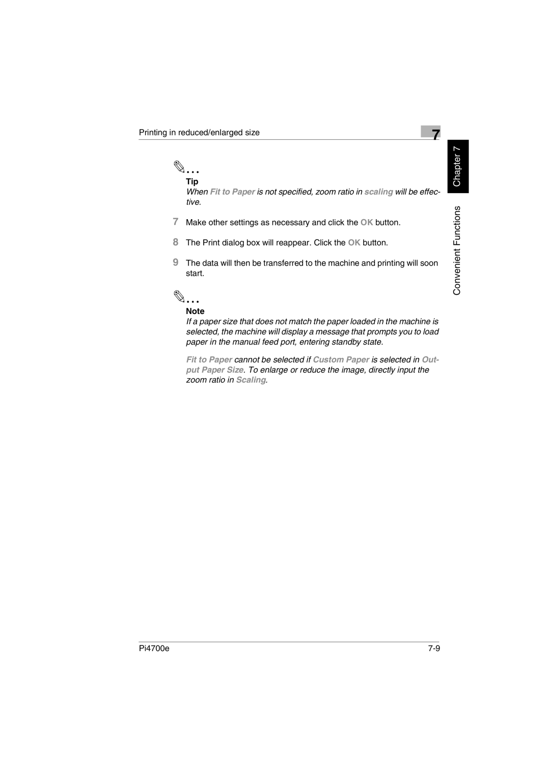 Minolta PI4700E user manual Printing in reduced/enlarged size, Tip 