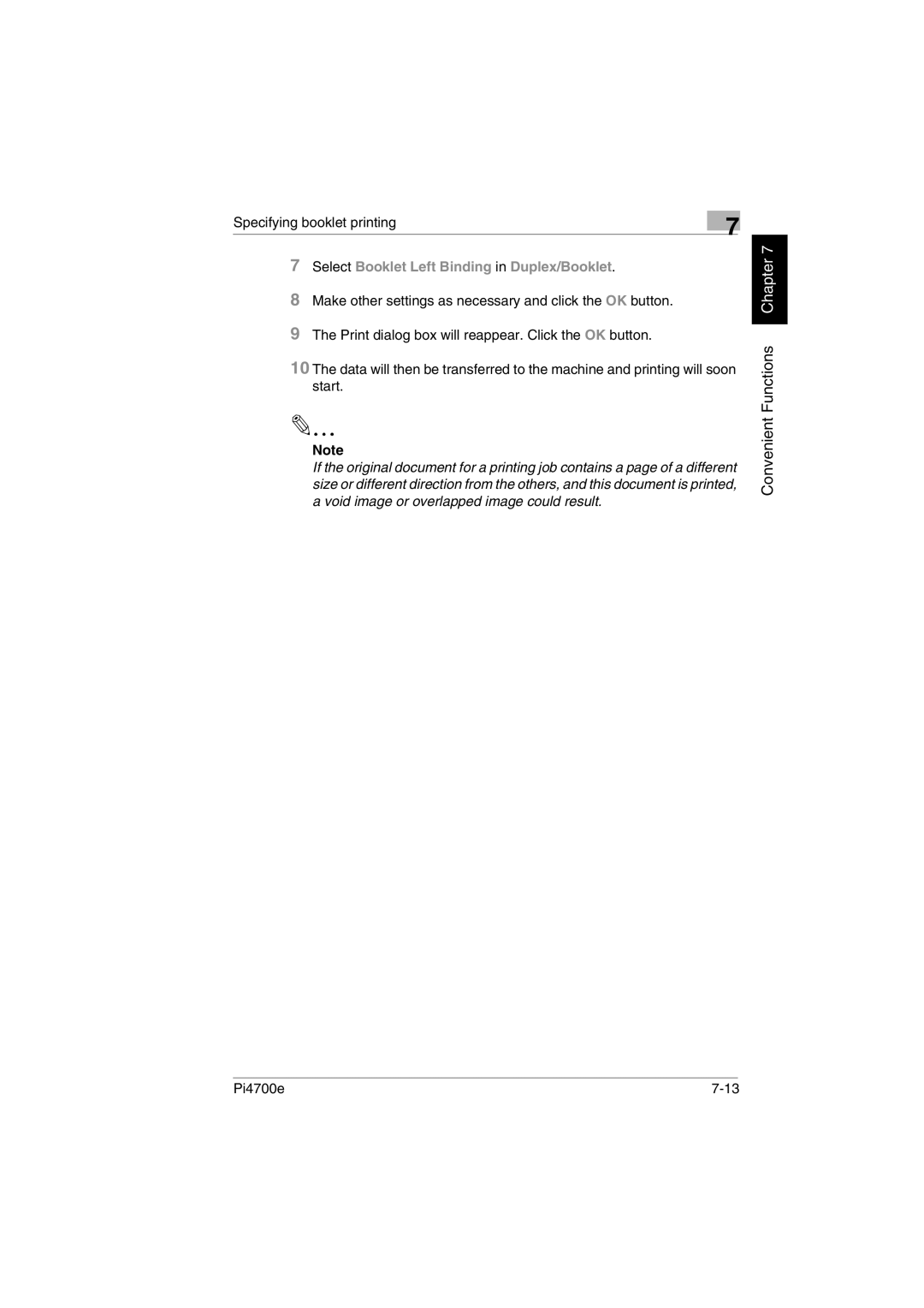 Minolta PI4700E user manual Specifying booklet printing, Select Booklet Left Binding in Duplex/Booklet 