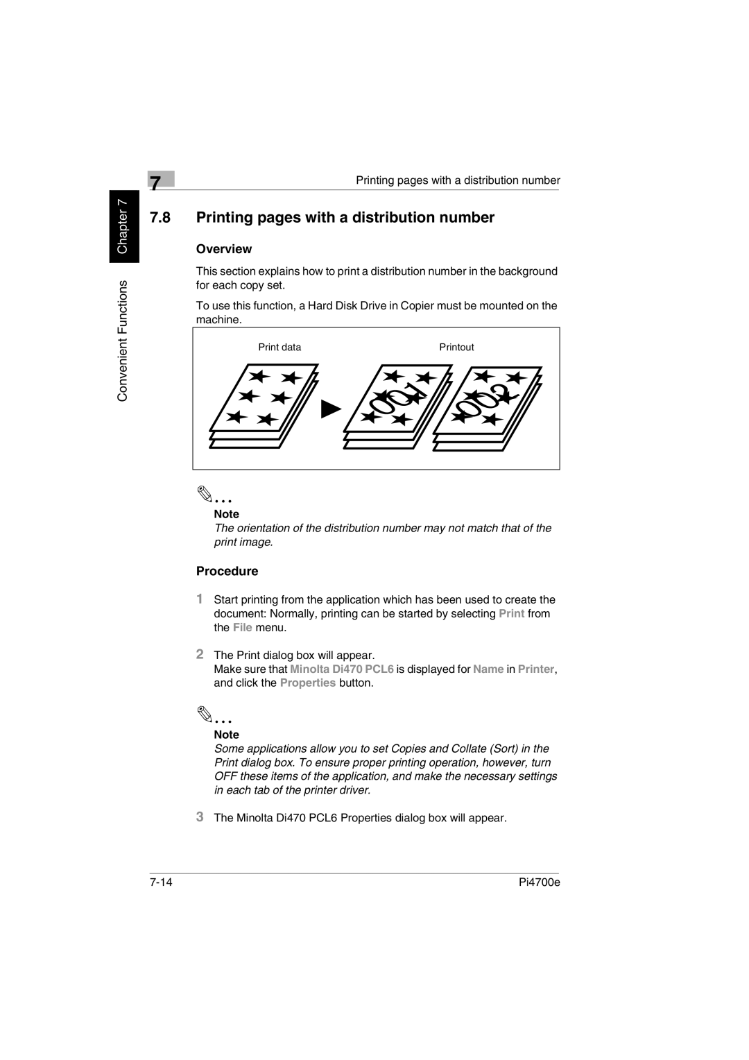 Minolta PI4700E user manual Printing pages with a distribution number, Minolta Di470 PCL6 Properties dialog box will appear 