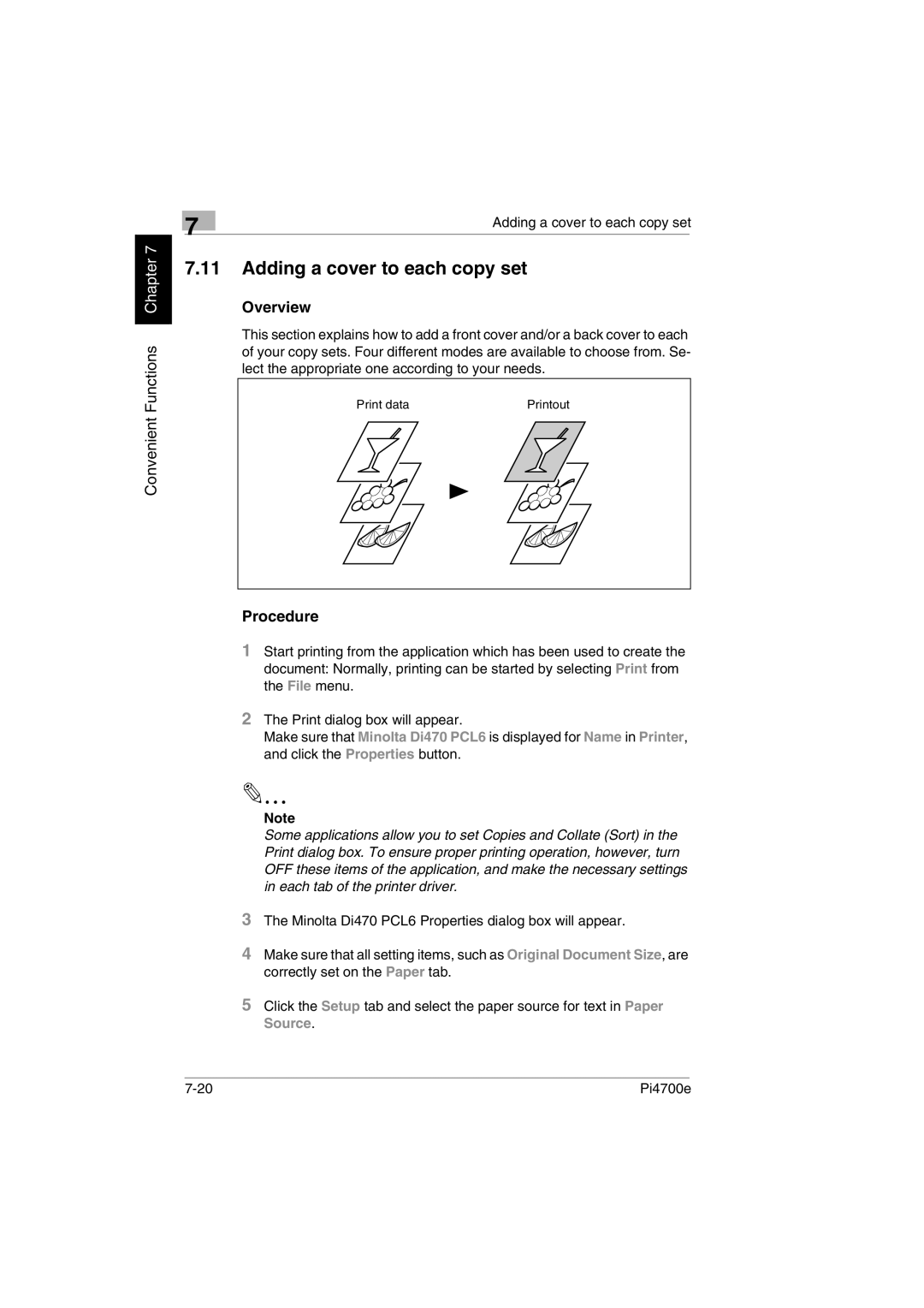 Minolta PI4700E user manual Adding a cover to each copy set 