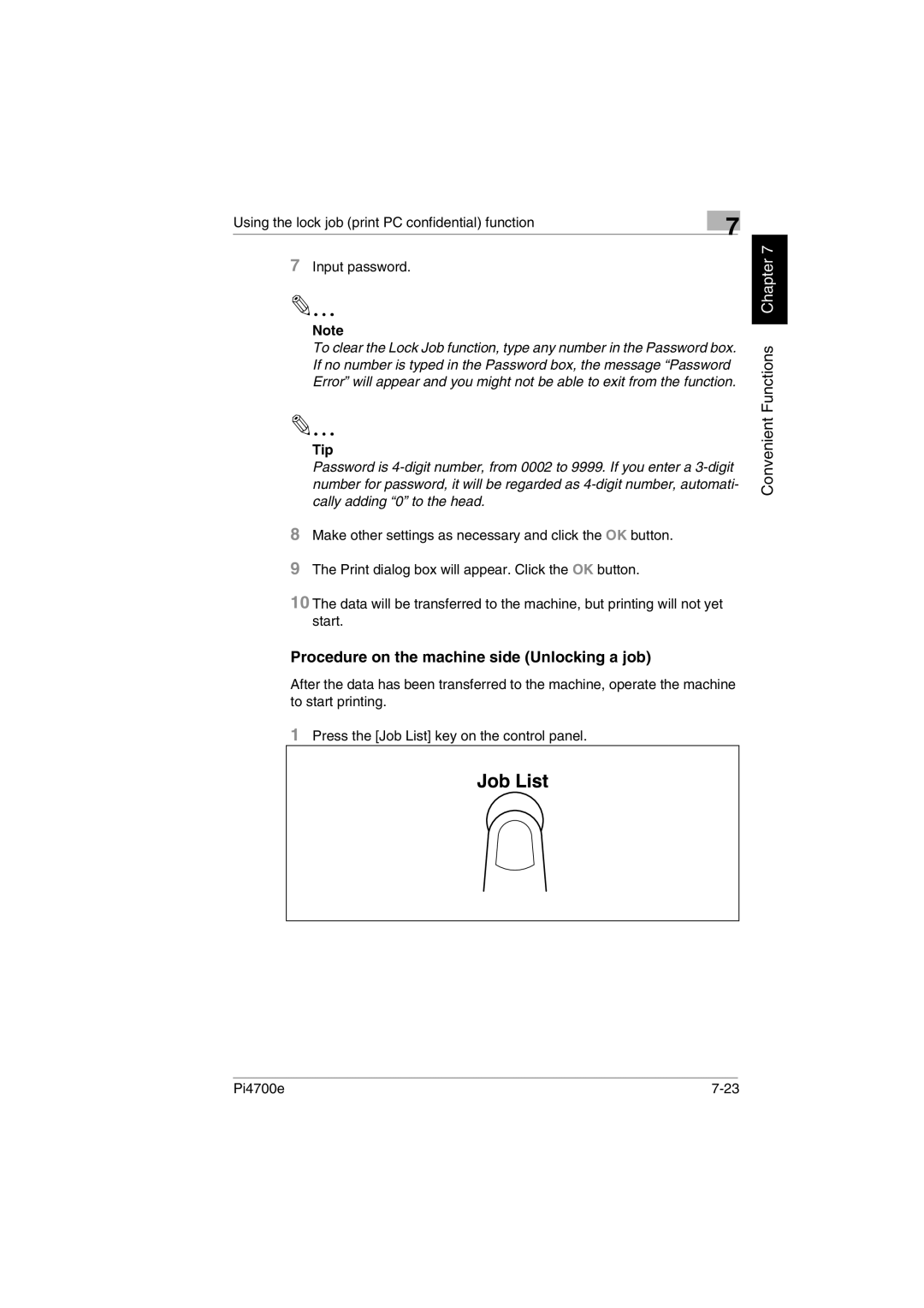 Minolta PI4700E user manual Procedure on the machine side Unlocking a job, Tip 