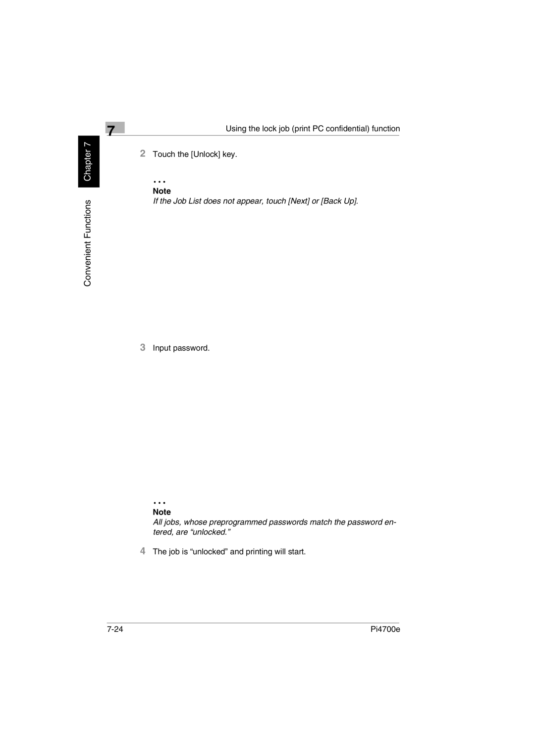 Minolta PI4700E user manual Job is unlocked and printing will start 