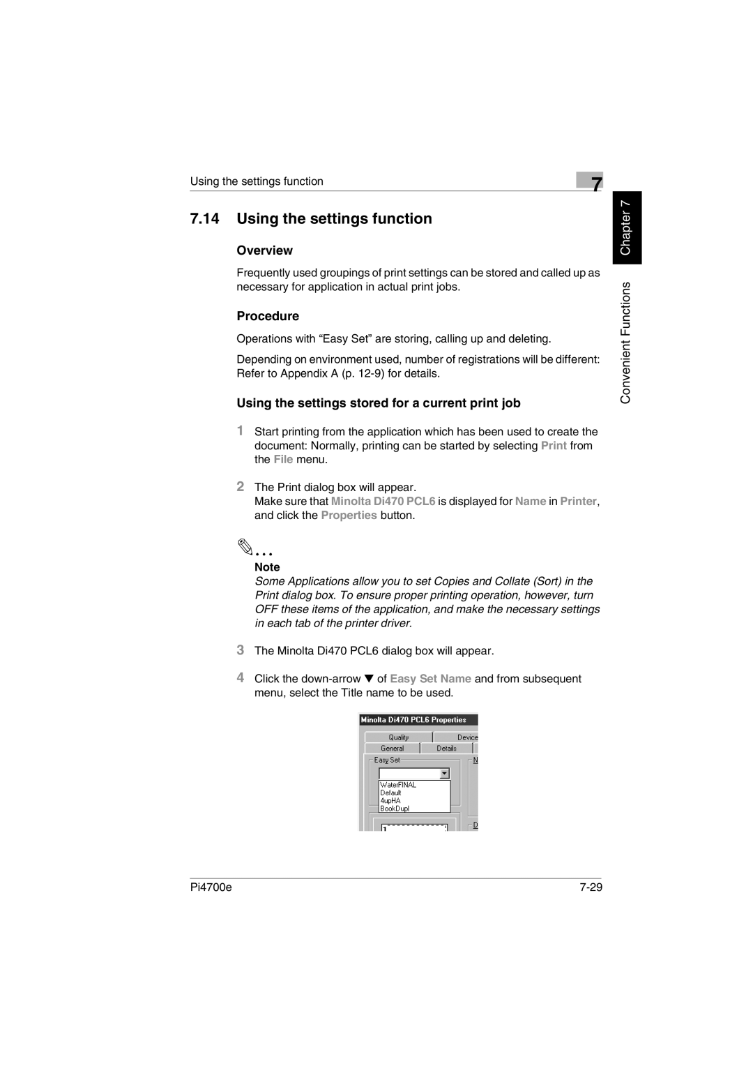 Minolta PI4700E user manual Using the settings function, Using the settings stored for a current print job 