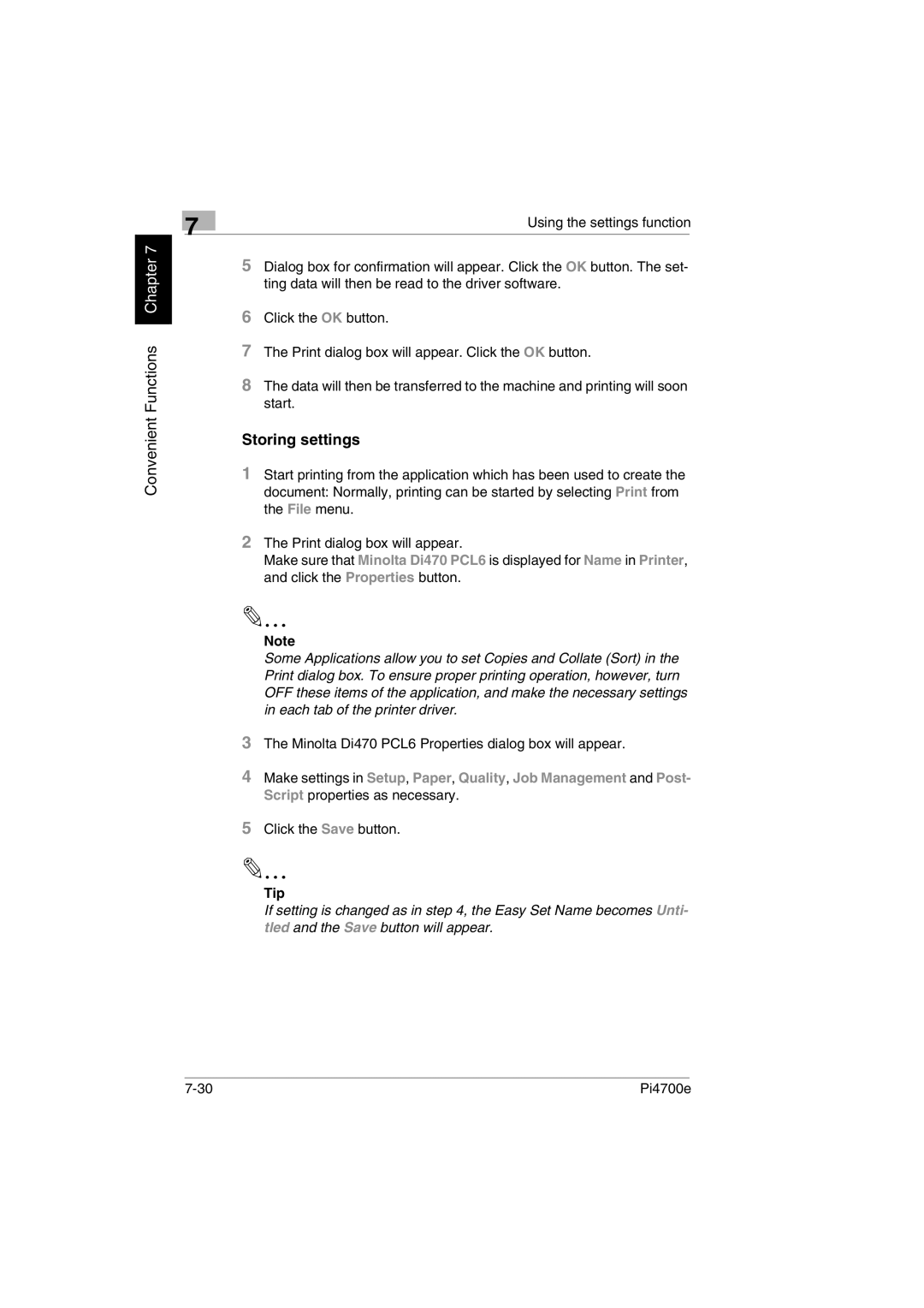 Minolta PI4700E user manual Storing settings, Script properties as necessary Click the Save button 