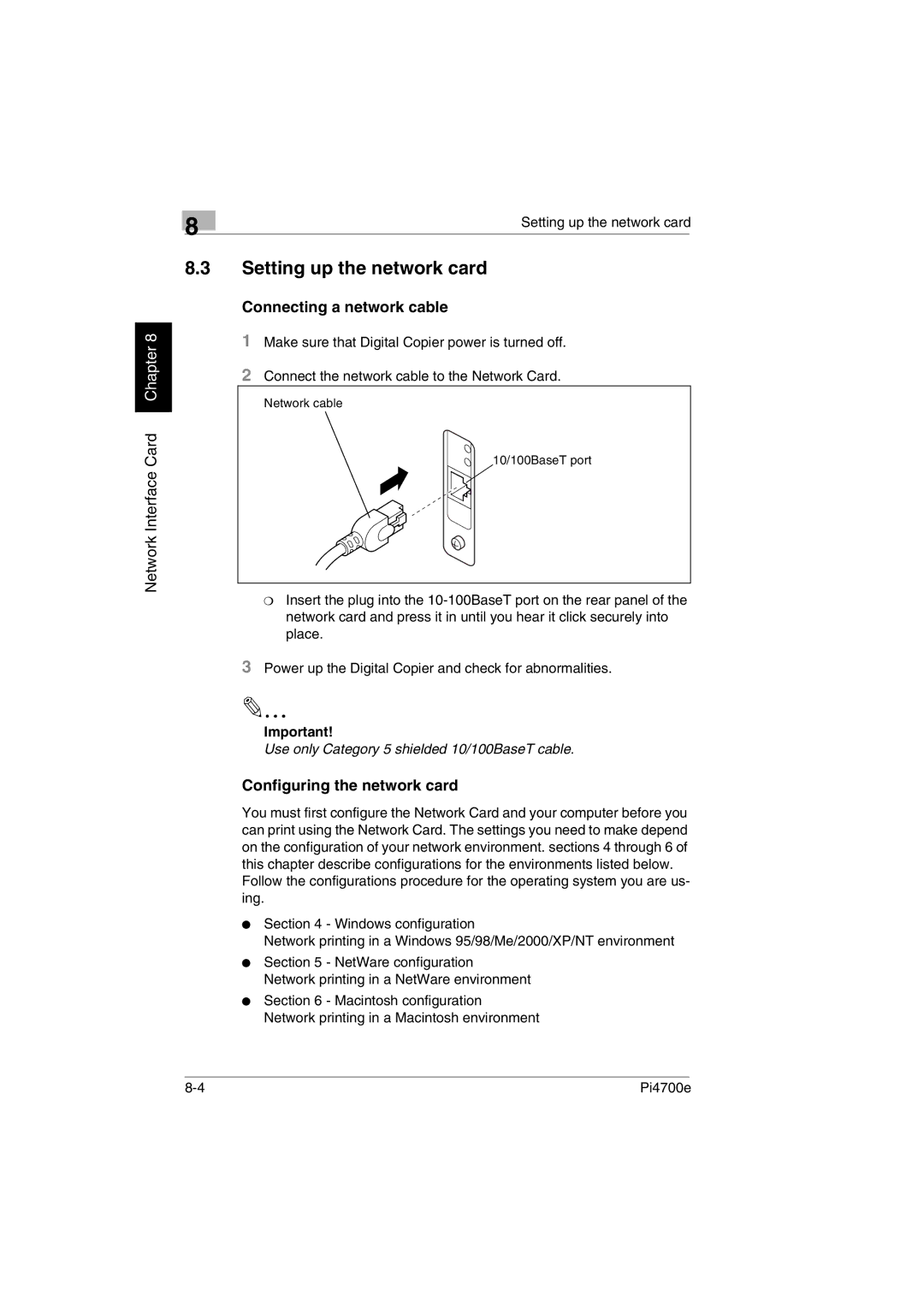 Minolta PI4700E user manual Setting up the network card, Connecting a network cable, Configuring the network card 