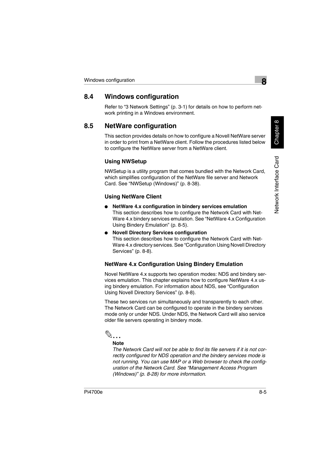 Minolta PI4700E user manual Windows configuration, NetWare configuration, Using NWSetup, Using NetWare Client 