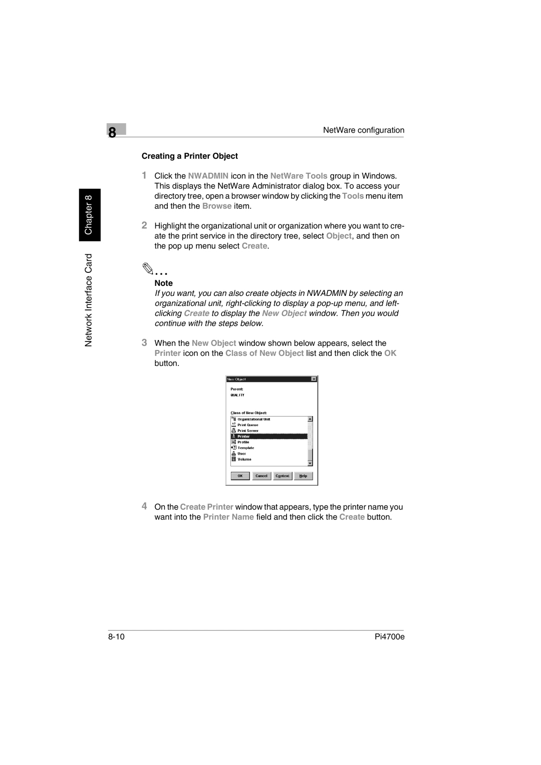 Minolta PI4700E user manual NetWare configuration, Creating a Printer Object 