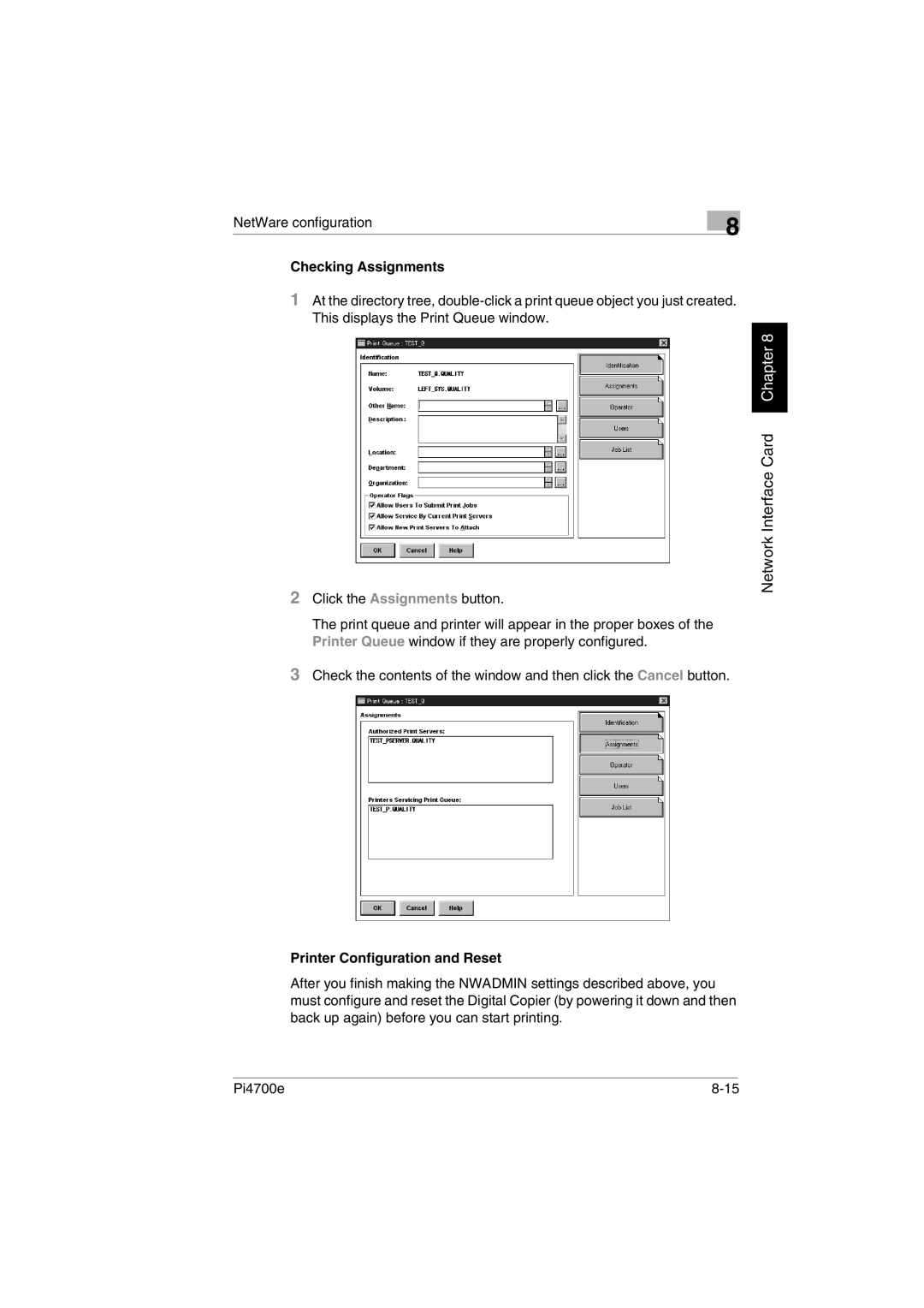 Minolta PI4700E user manual Checking Assignments, Printer Configuration and Reset 