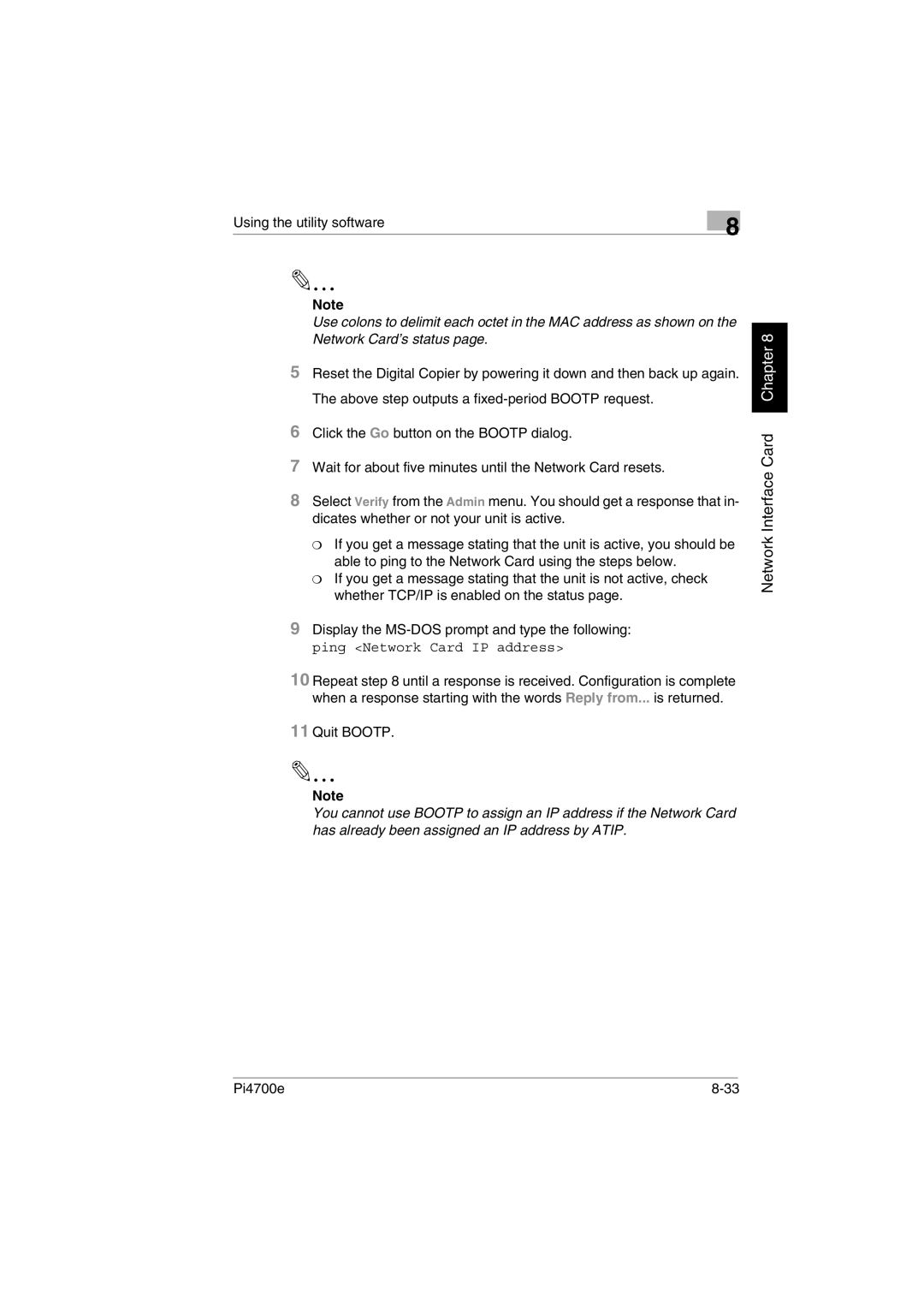 Minolta PI4700E user manual Ping Network Card IP address, Quit Bootp 