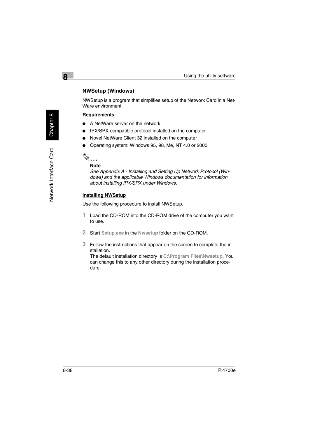 Minolta PI4700E user manual NWSetup Windows, Installing NWSetup 