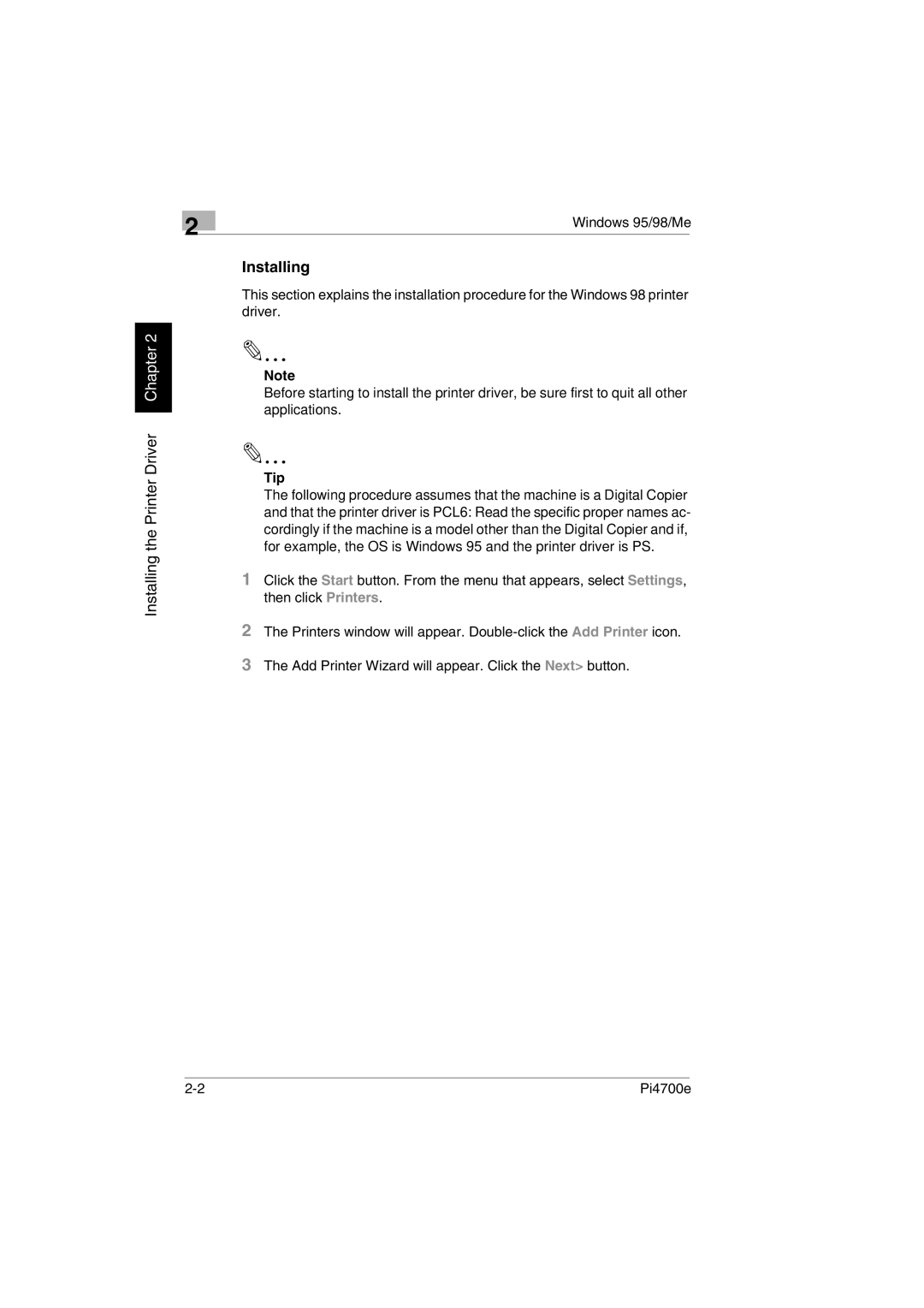 Minolta PI4700E user manual Installing, Tip 