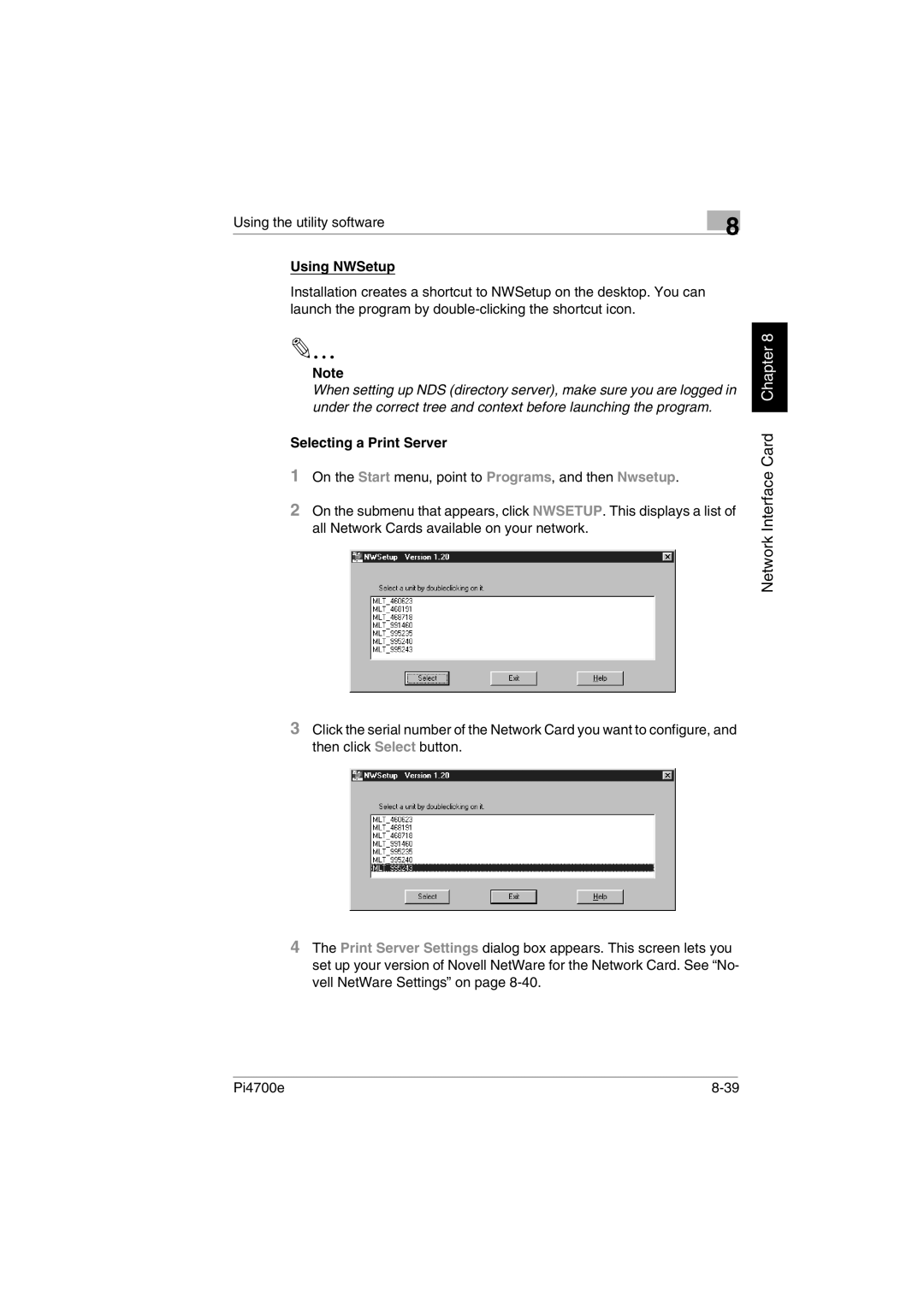 Minolta PI4700E user manual Using NWSetup, Selecting a Print Server 