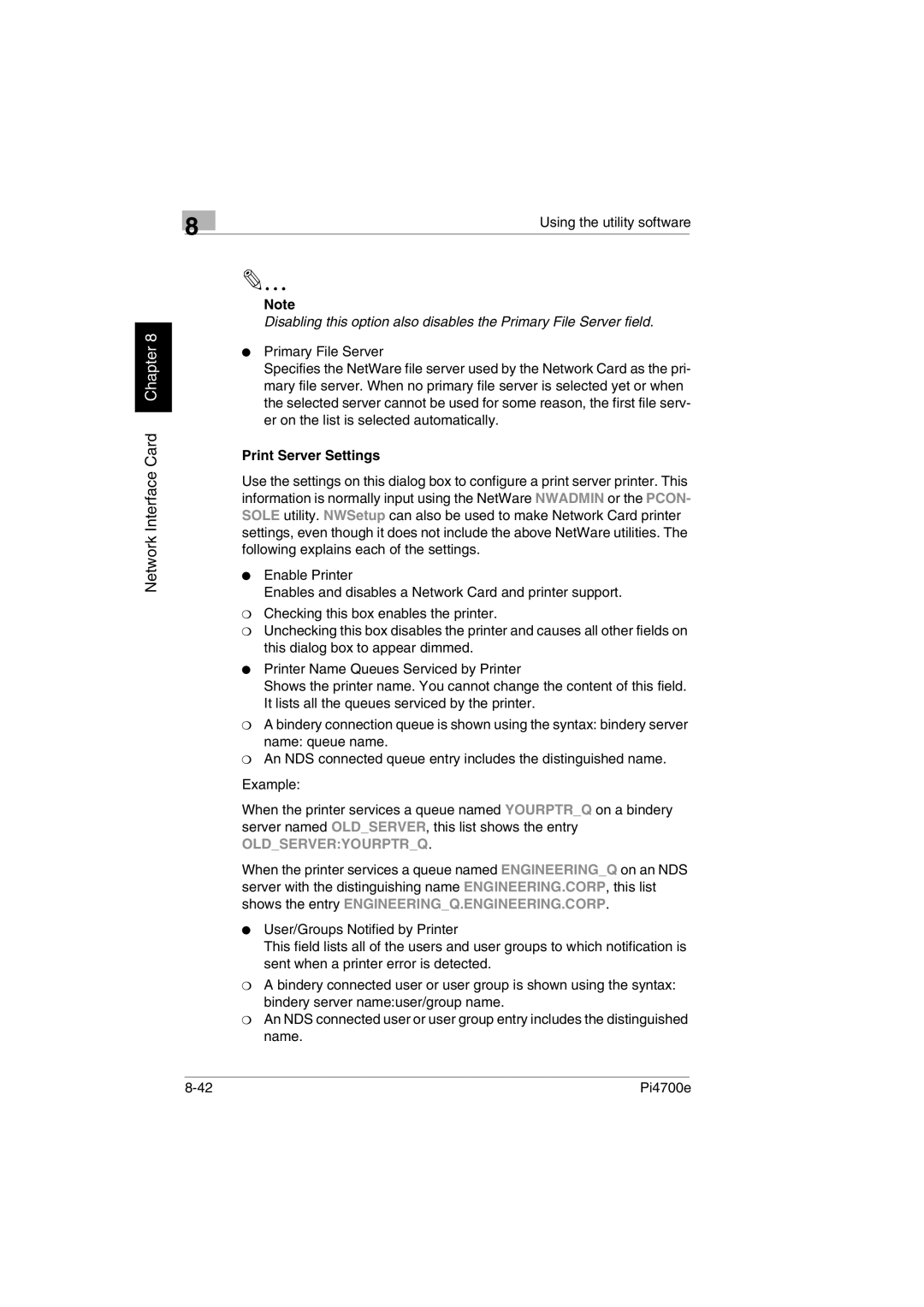 Minolta PI4700E user manual Print Server Settings, Oldserveryourptrq 