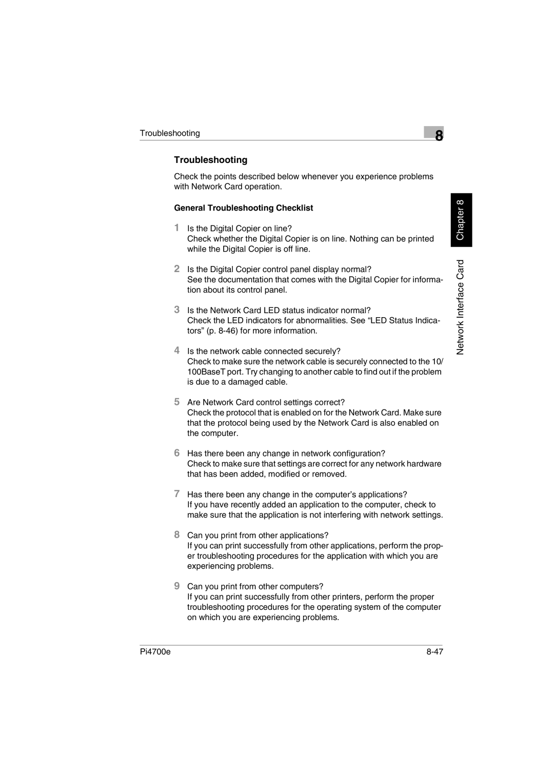 Minolta PI4700E user manual General Troubleshooting Checklist 