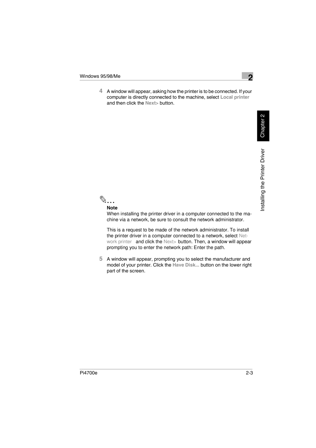 Minolta PI4700E user manual Installing the Printer Driver Chapter 