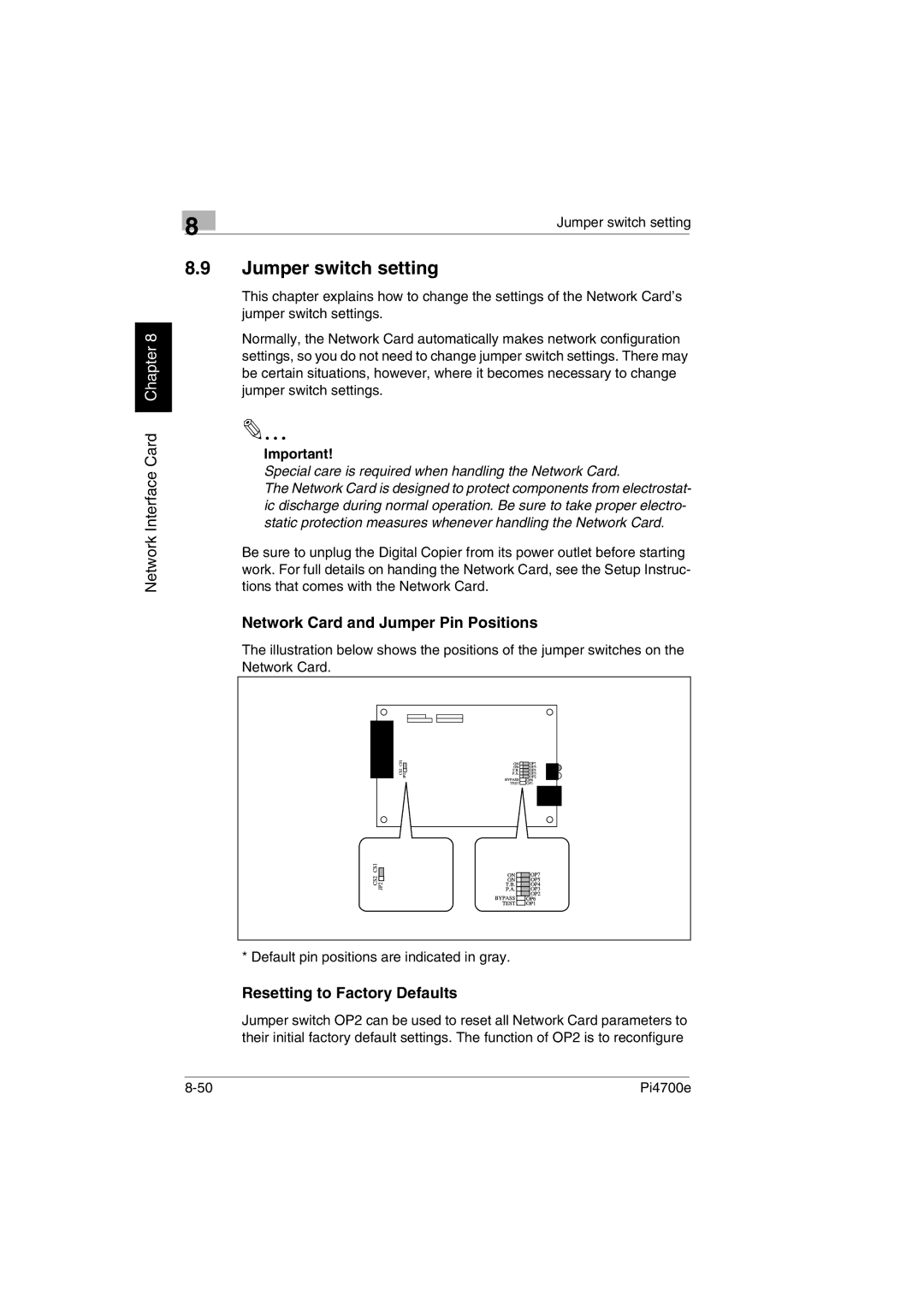 Minolta PI4700E user manual Jumper switch setting, Network Card and Jumper Pin Positions 