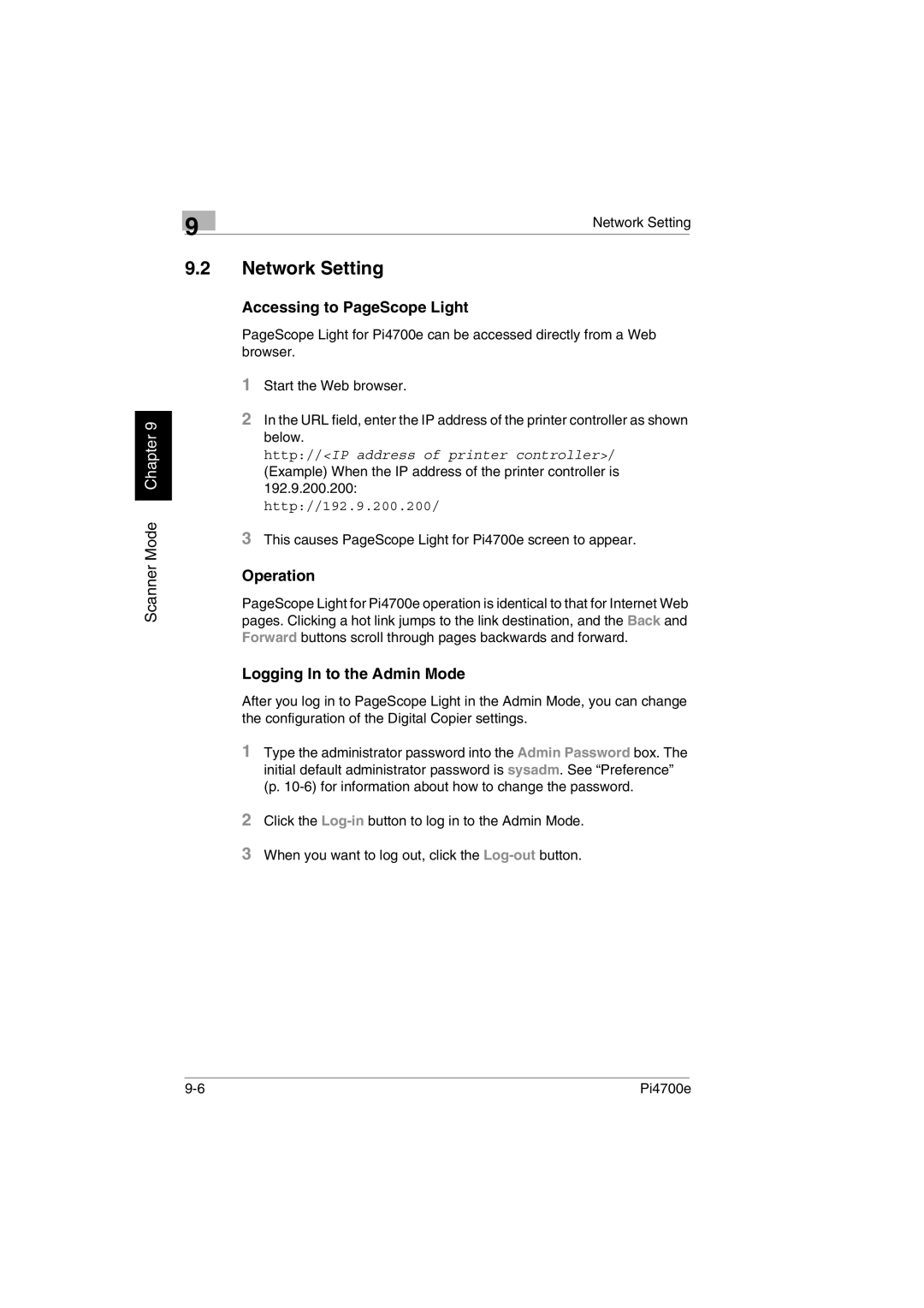 Minolta PI4700E user manual Network Setting, Accessing to PageScope Light 