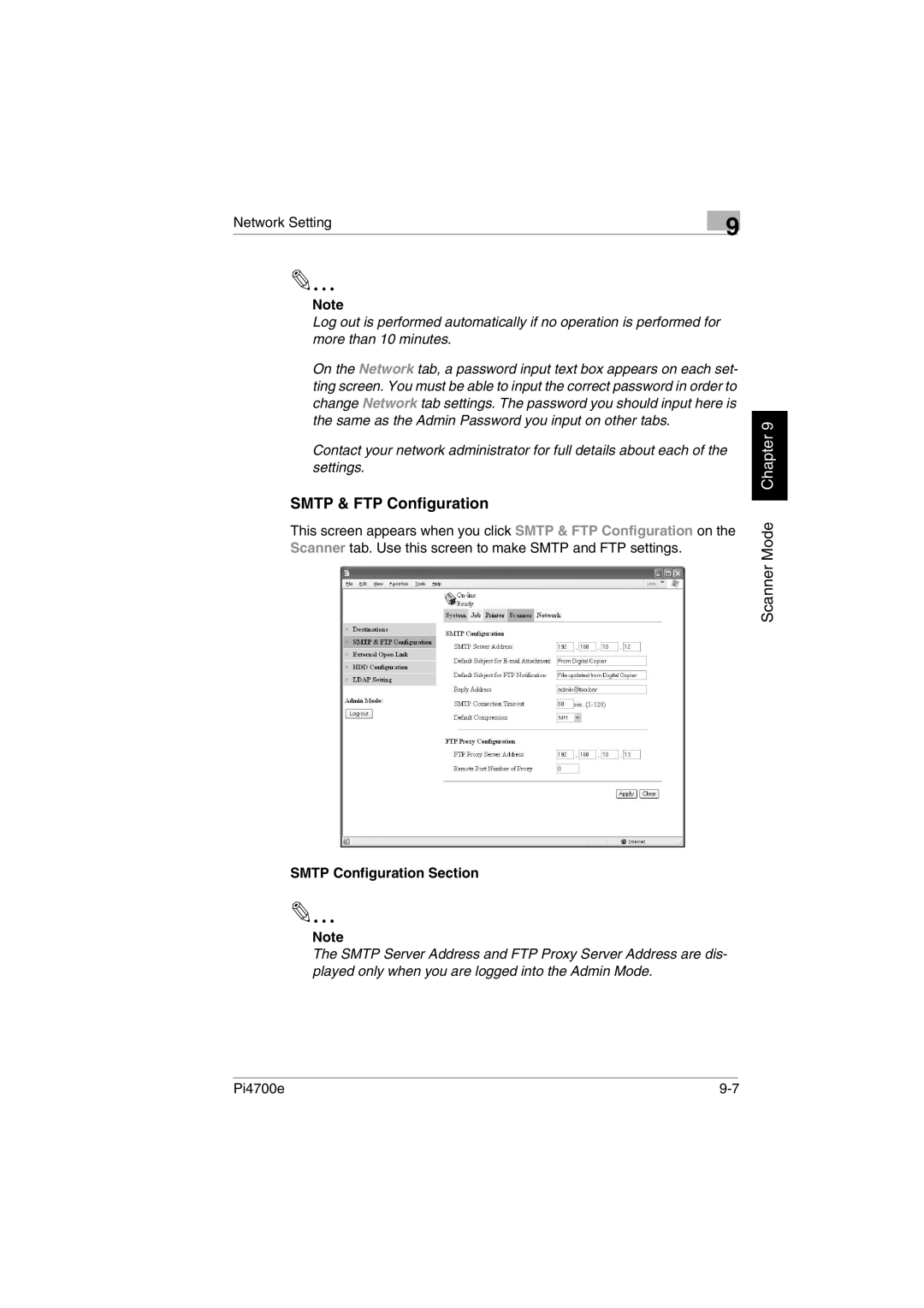 Minolta PI4700E user manual Smtp & FTP Configuration, Network Setting, Smtp Configuration Section 