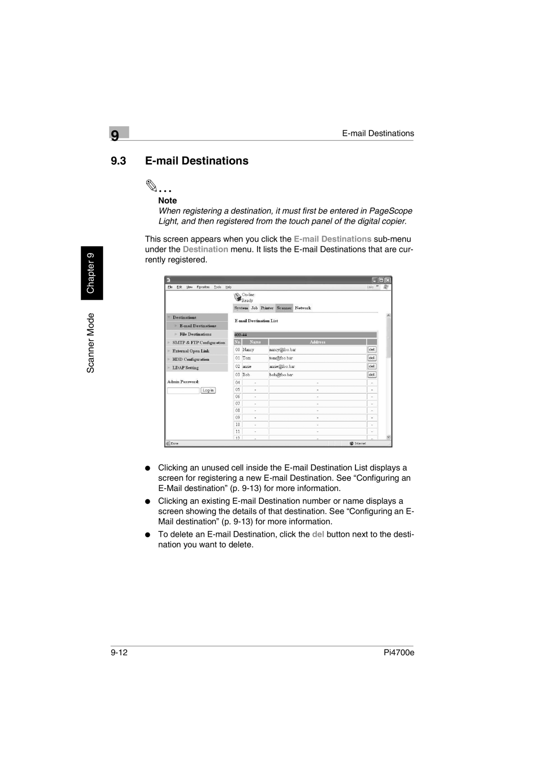 Minolta PI4700E user manual Mail Destinations 