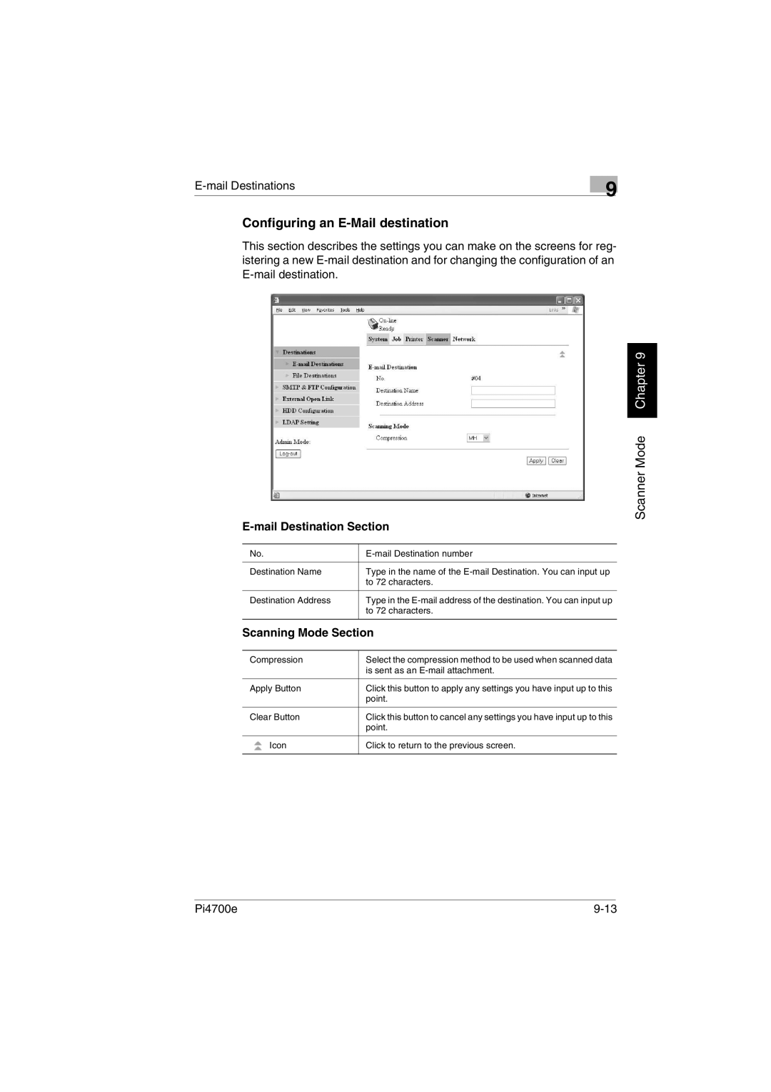 Minolta PI4700E Configuring an E-Mail destination, Mail Destinations, Mail Destination Section, Scanning Mode Section 