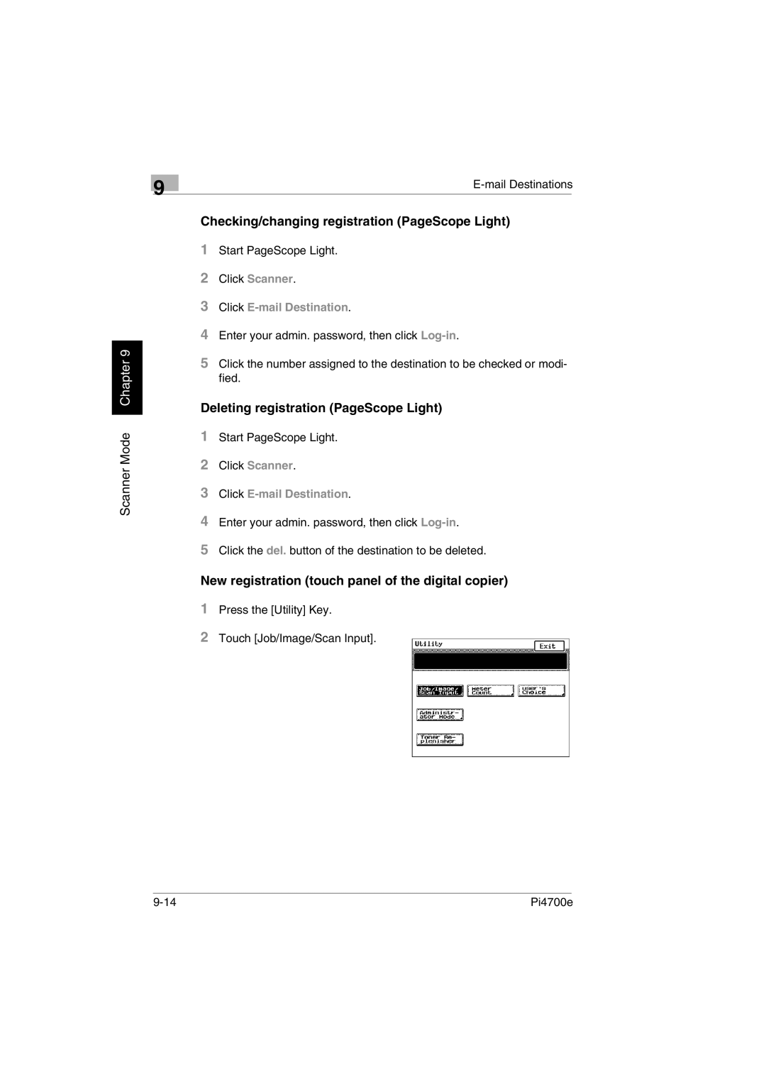 Minolta PI4700E user manual Checking/changing registration PageScope Light, Deleting registration PageScope Light 