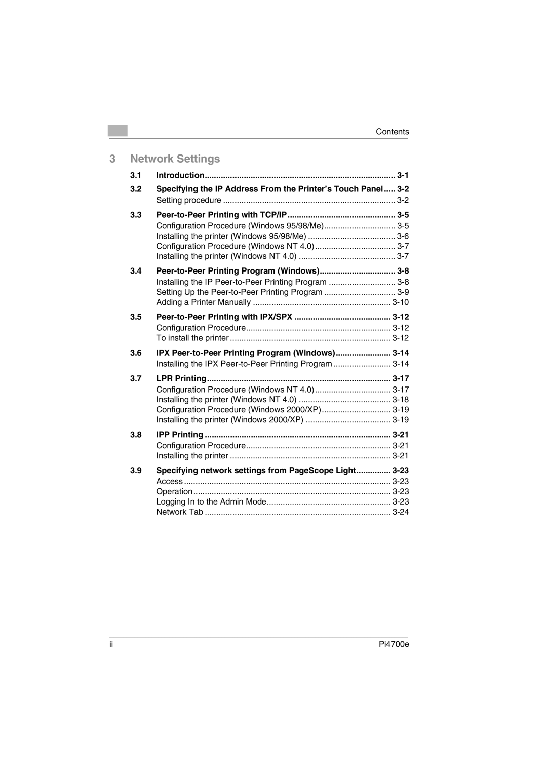 Minolta PI4700E Peer-to- Peer Printing with TCP/IP, Peer-to-Peer Printing Program Windows, LPR Printing, IPP Printing 