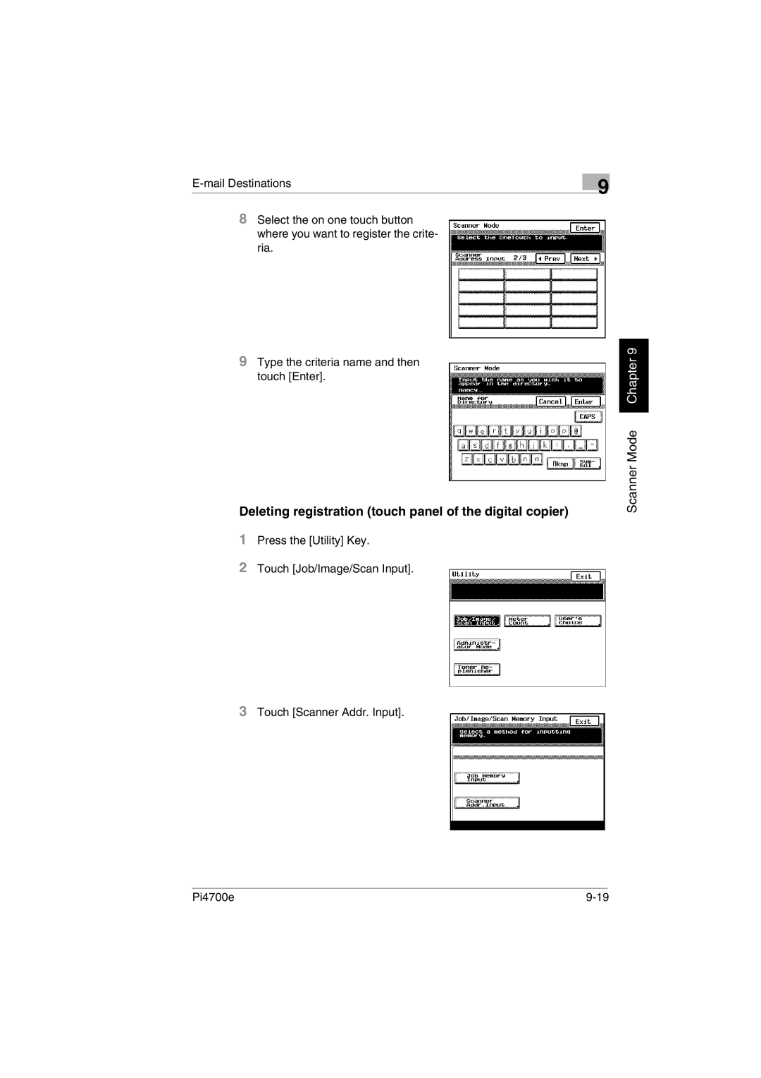 Minolta PI4700E user manual Deleting registration touch panel of the digital copier, Touch Scanner Addr. Input Pi4700e 