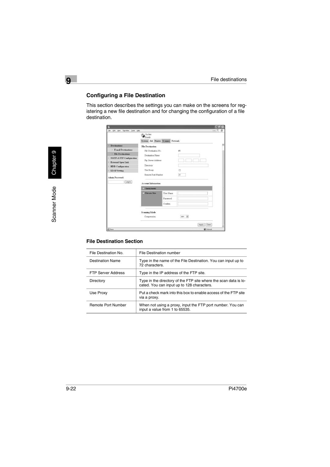 Minolta PI4700E user manual Configuring a File Destination, File Destination Section 