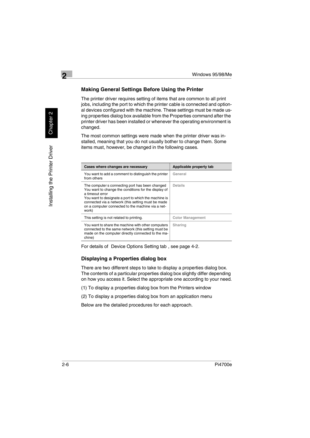 Minolta PI4700E user manual Making General Settings Before Using the Printer, Displaying a Properties dialog box 