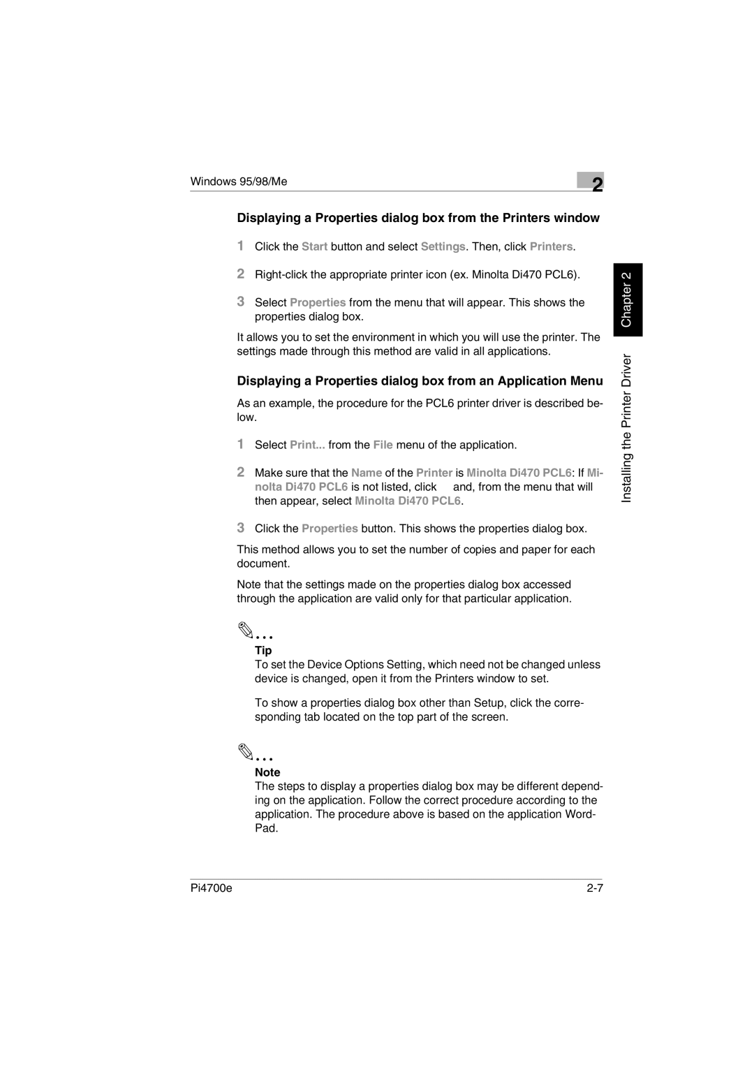 Minolta PI4700E user manual Displaying a Properties dialog box from the Printers window 