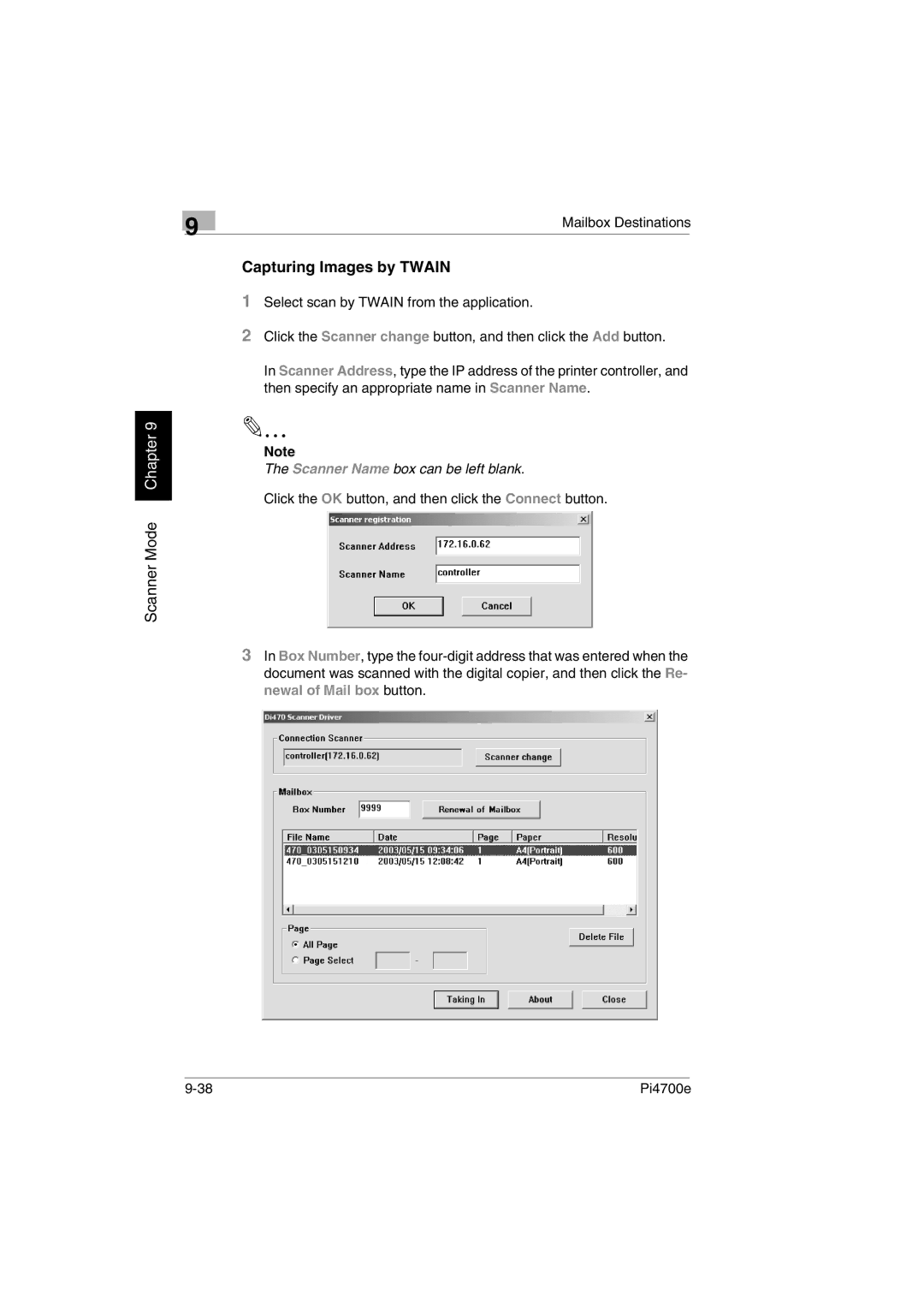 Minolta PI4700E user manual Capturing Images by Twain, Scanner Name box can be left blank 