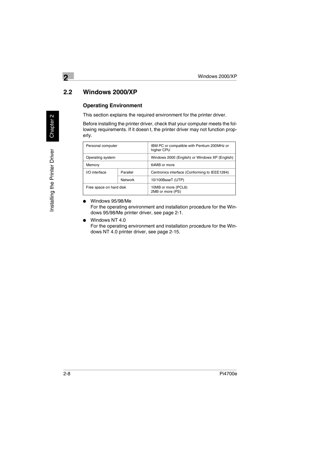 Minolta PI4700E user manual Windows 2000/XP, Operating Environment 