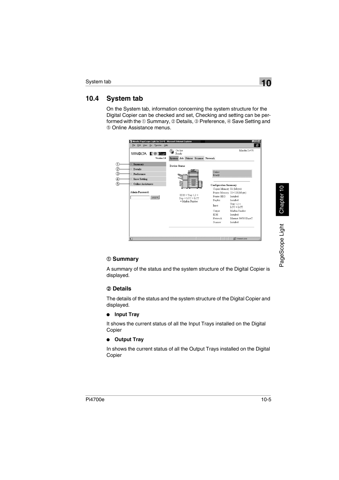 Minolta PI4700E user manual System tab, ➀ Summary, ➁ Details,  Input Tray,  Output Tray 