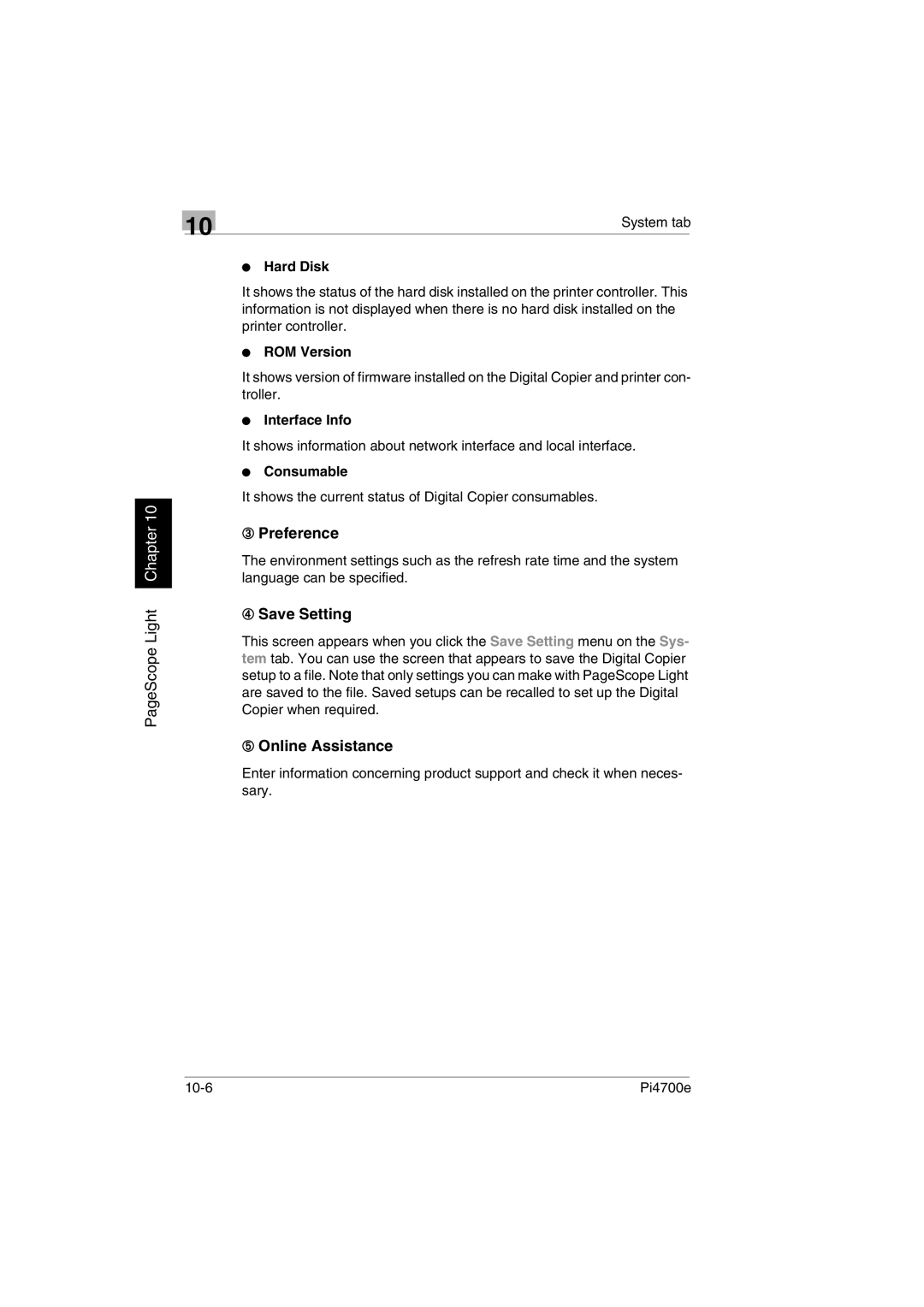 Minolta PI4700E user manual ➂ Preference, ➃ Save Setting, ➄ Online Assistance 