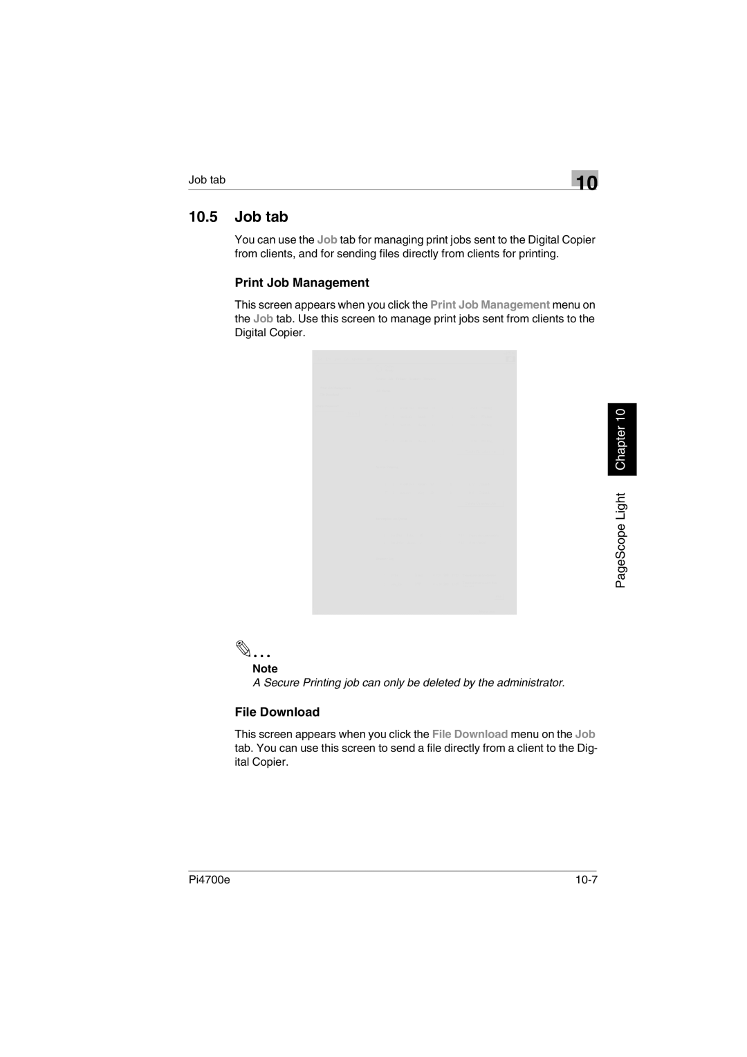 Minolta PI4700E user manual Job tab, Print Job Management, File Download 