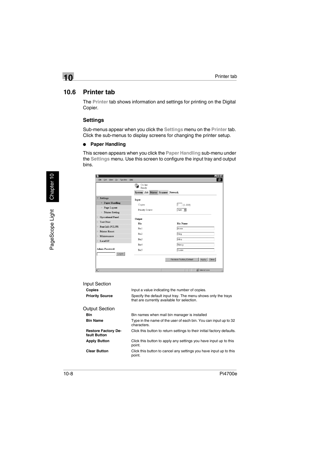 Minolta PI4700E user manual Printer tab, Settings,  Paper Handling, Input Section, Output Section 