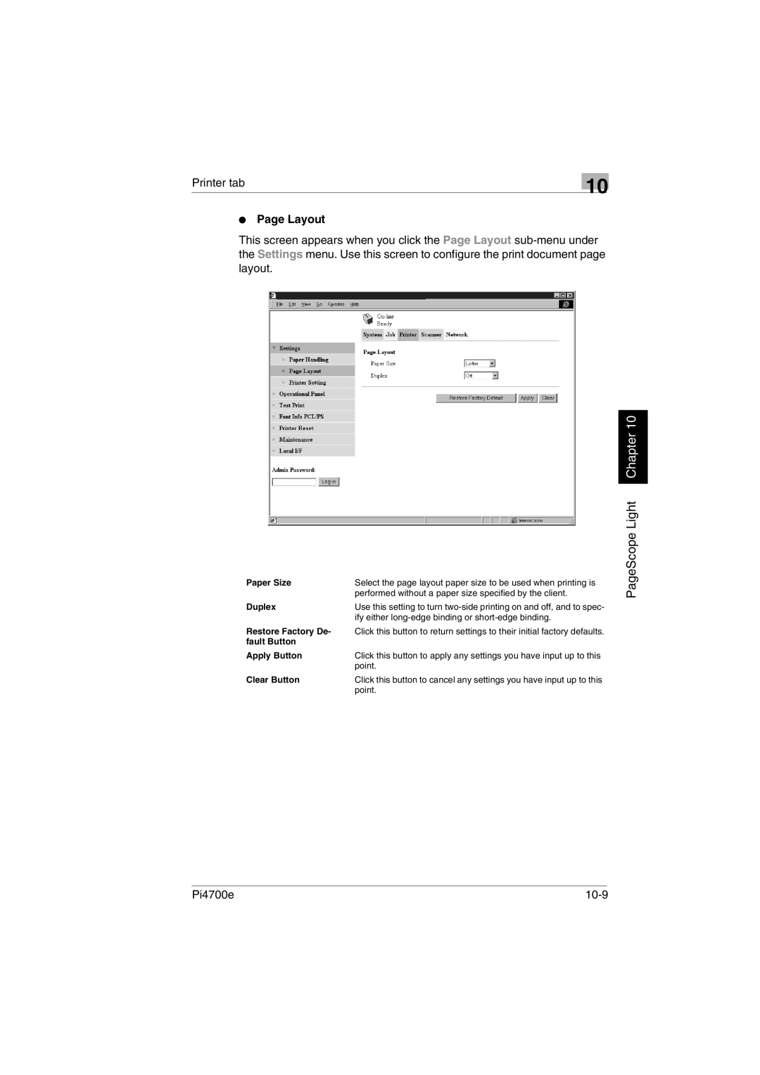 Minolta PI4700E user manual Printer tab,  Page Layout, Pi4700e 10-9, Paper Size, Duplex 