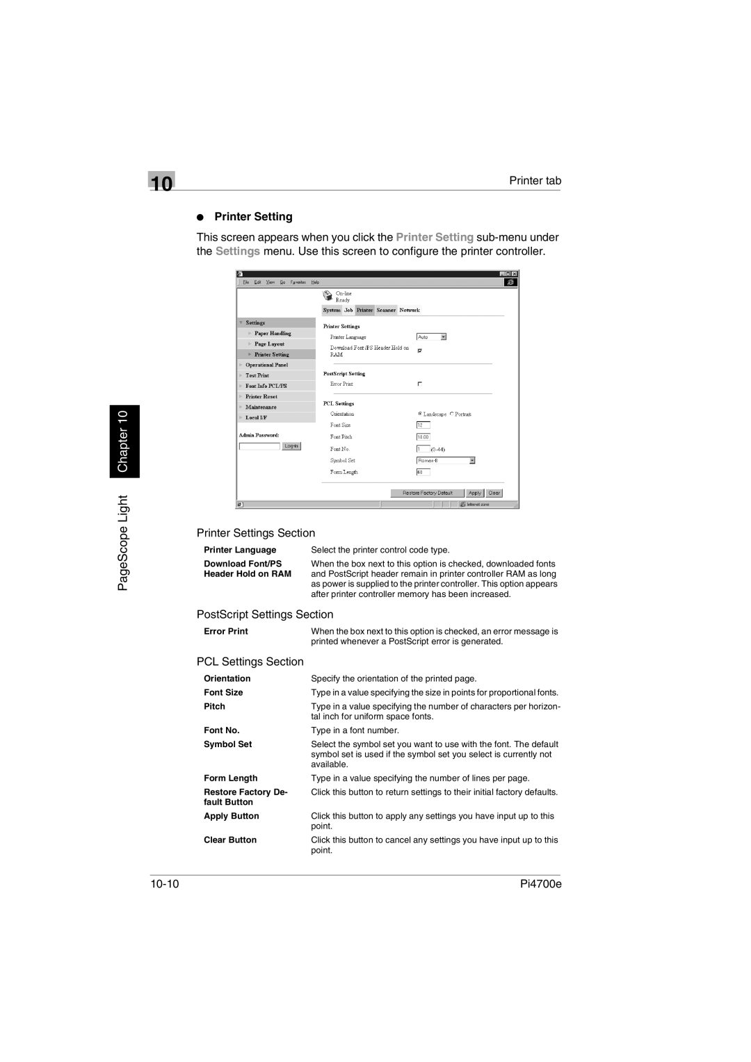 Minolta PI4700E user manual  Printer Setting, Printer Settings Section, PostScript Settings Section, PCL Settings Section 