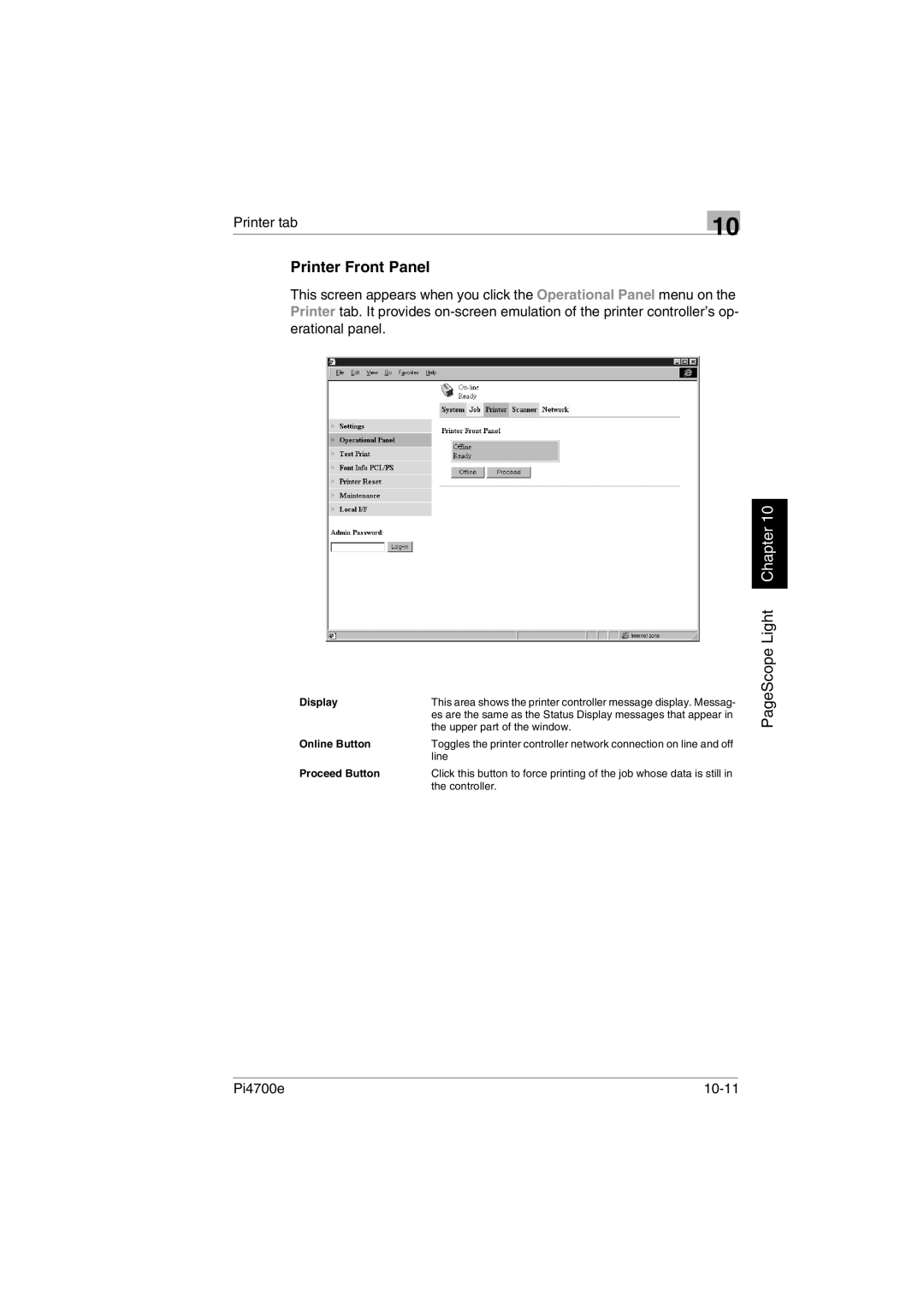 Minolta PI4700E user manual Printer Front Panel, Pi4700e 10-11, Display, Online Button, Proceed Button 