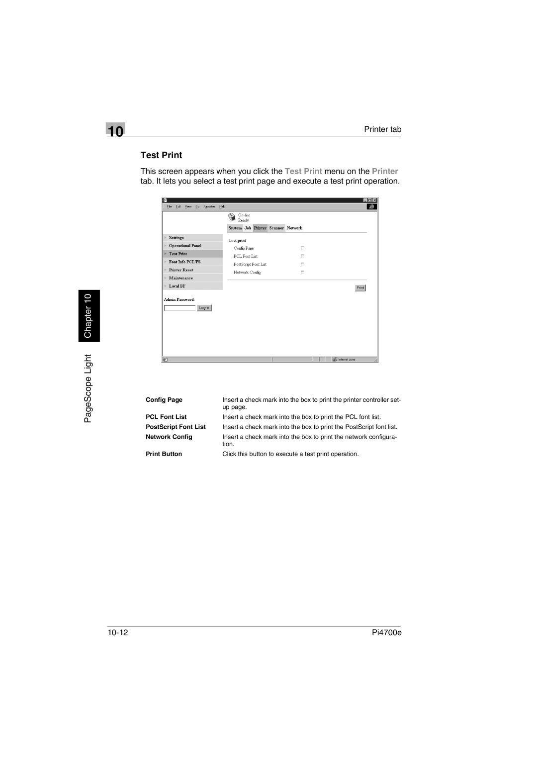 Minolta PI4700E user manual Test Print, Config 